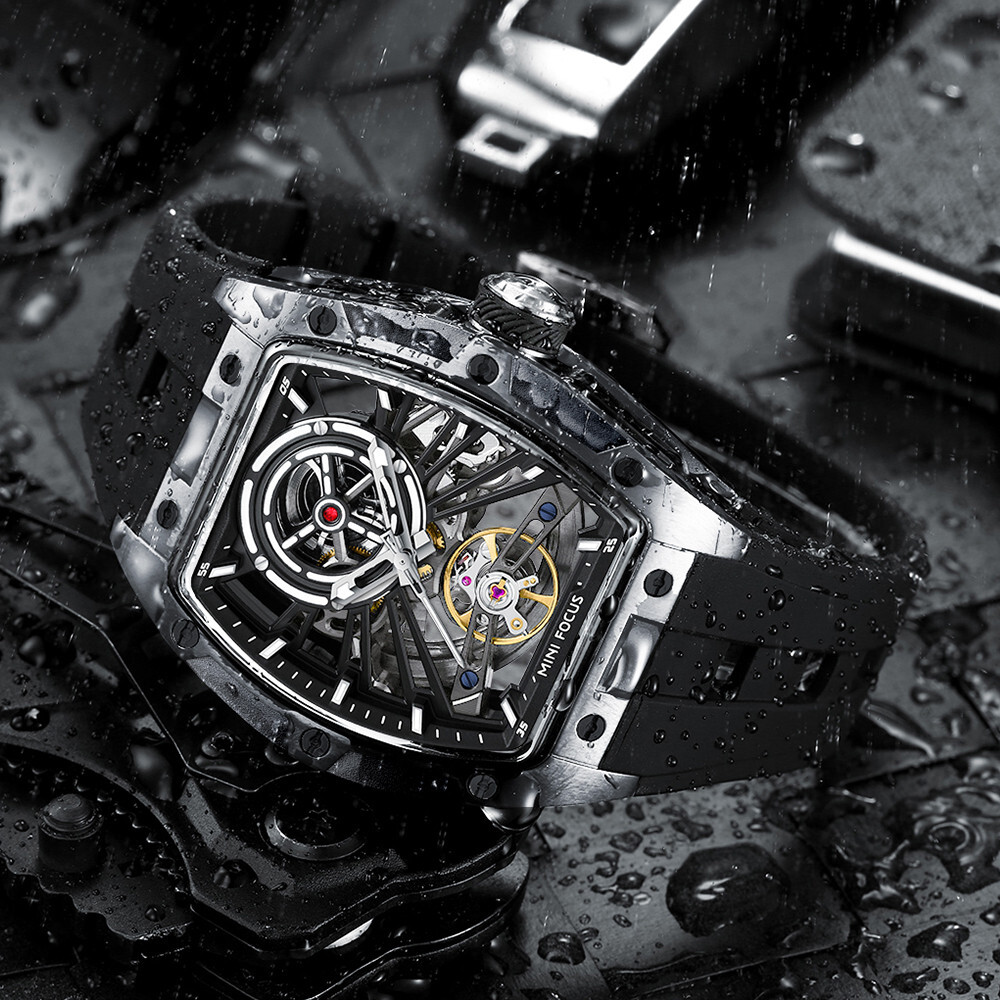 MINI FOCUS Men Mechanical Watch Automatic Hollow Out Male Rectangle Wristwatch