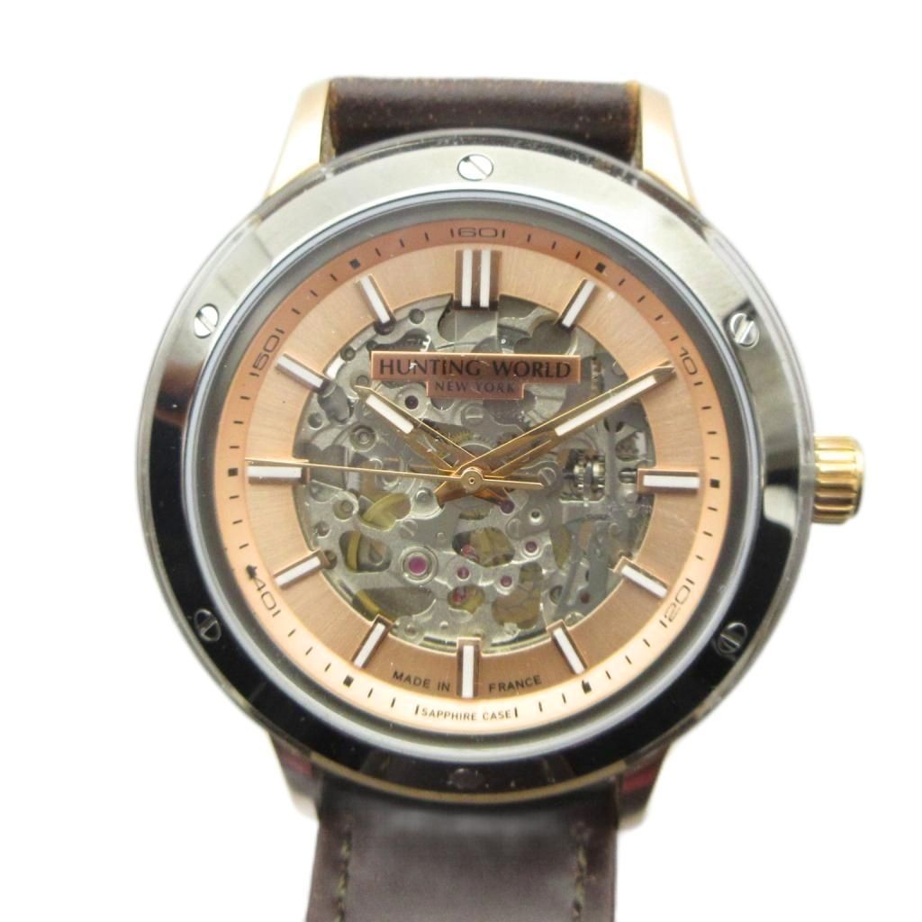 HUNTING WORLD HW030 Automatic Watch Skeleton Leather Belt Silver GY18 MQ