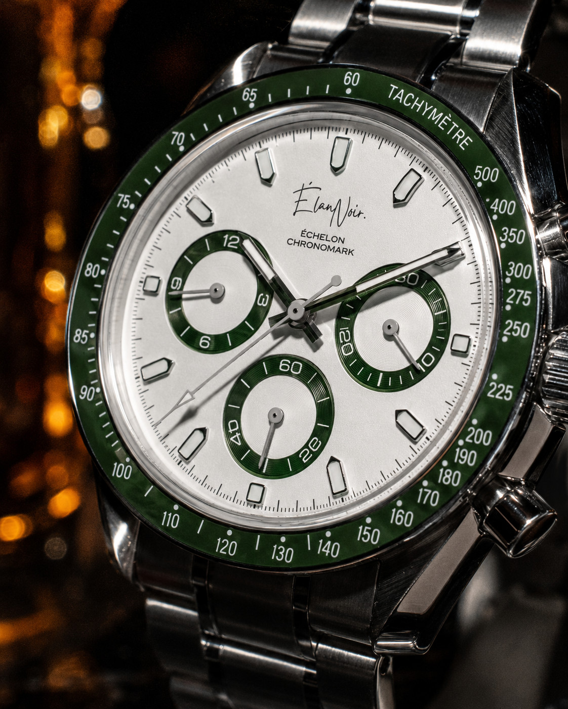 Élan Noir Chronograph Watch VK63 White & Green Dial Sapphire Crystal Steel 40mm
