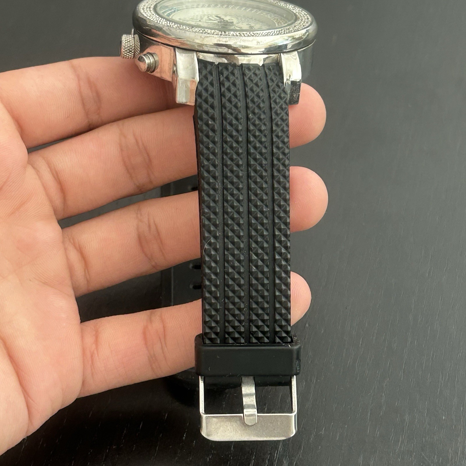 Frez FR020 Quartz Analog 45mm Date Silver Tone Diamond Bezel Black Strap