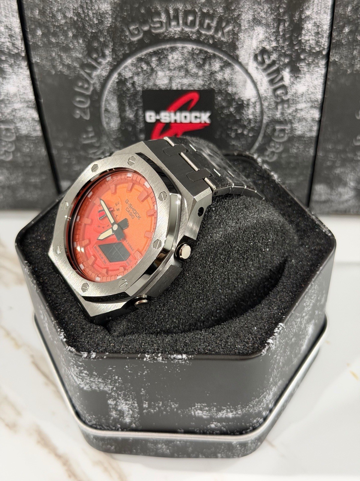 Casio GA-2100 G-Shock Watch – Sandblasted Metal Case Mod – Orange Dial