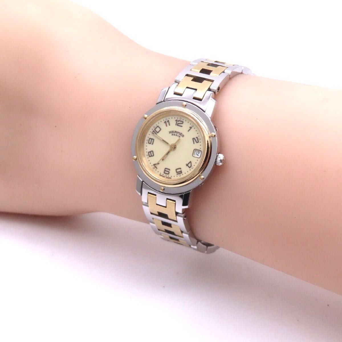 [B1P] HERMES Clipper CL4.220 Ivory Dial Ladies Combo Watch [v7y]