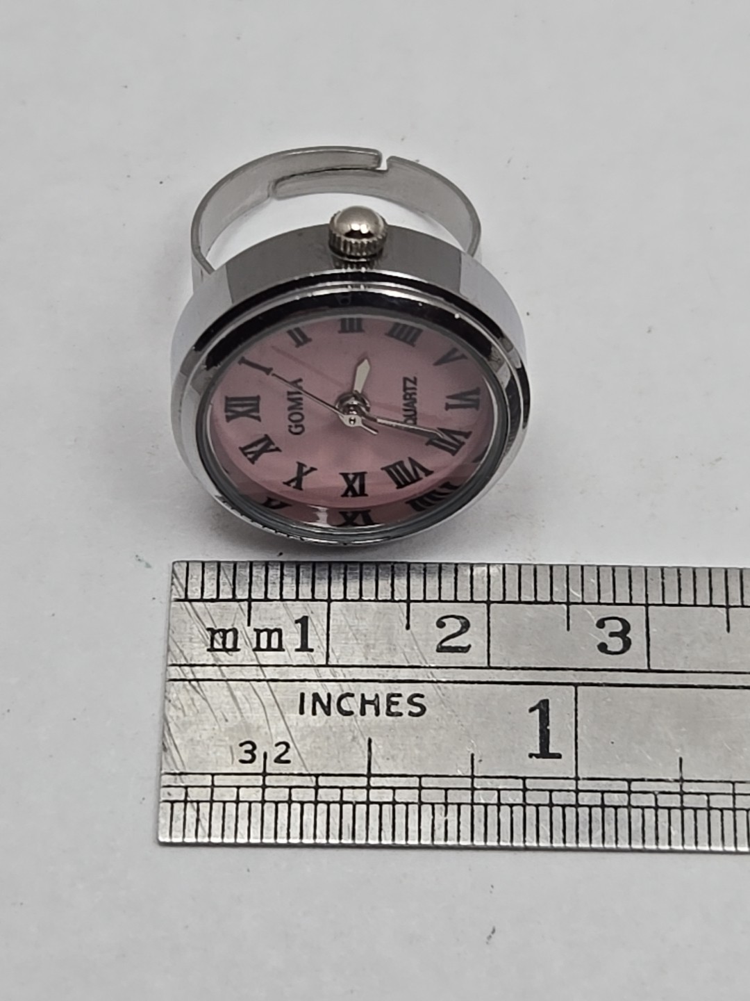 Gomia Pink Dial Ring Watch Roman Numerals Silver Stretch Band New Battery Ladies