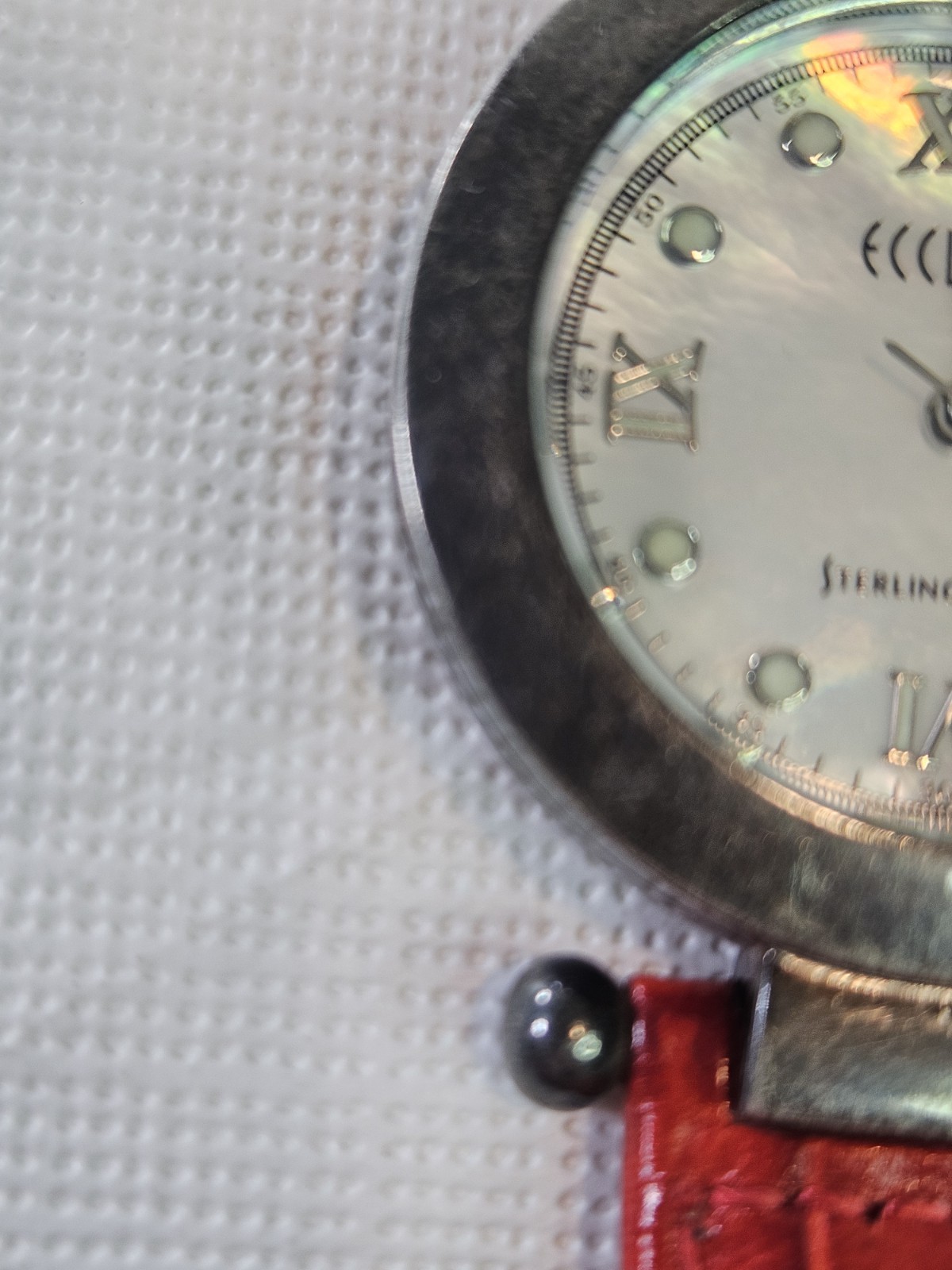 Ecclissi Sterling Silver 925 Case Mother Pearl Face Red Leather New Battery