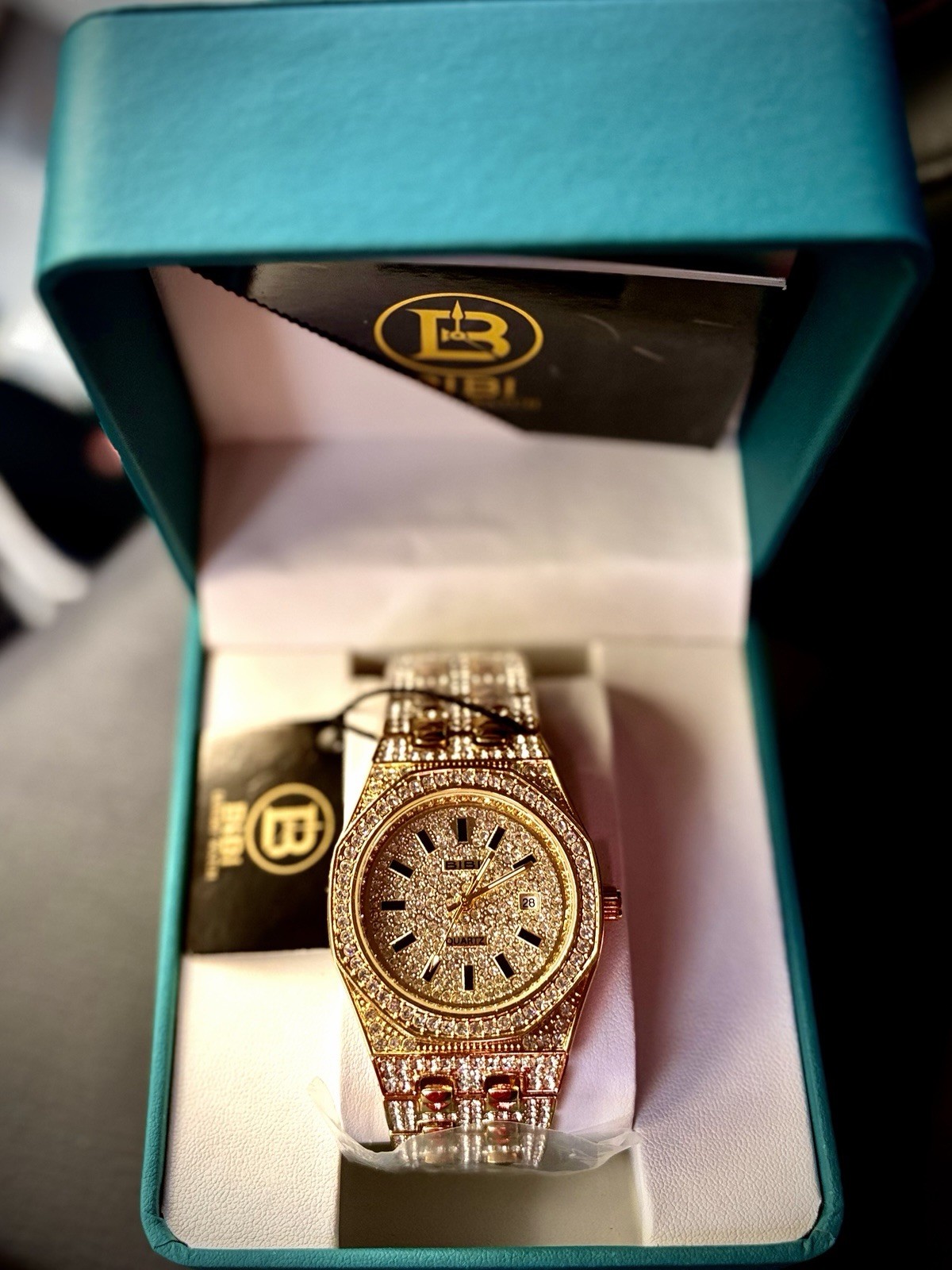 BIBI Luxury Gold-Tone Quartz Date Analog Crystal Bracelet Watch Box