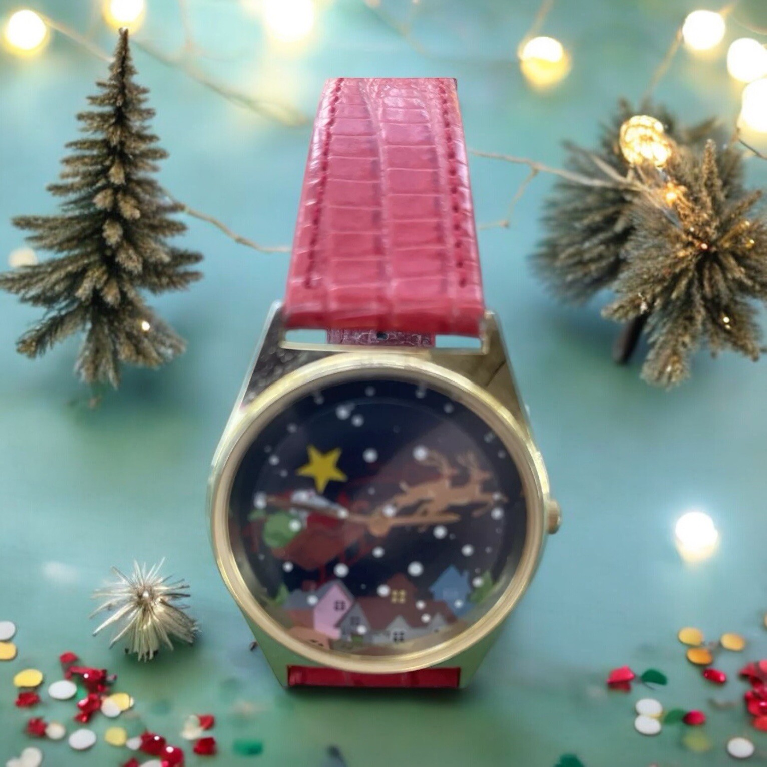 REDUCED—Santa & Reindeer Christmas Watch Valdawn Holiday Red Leather Band