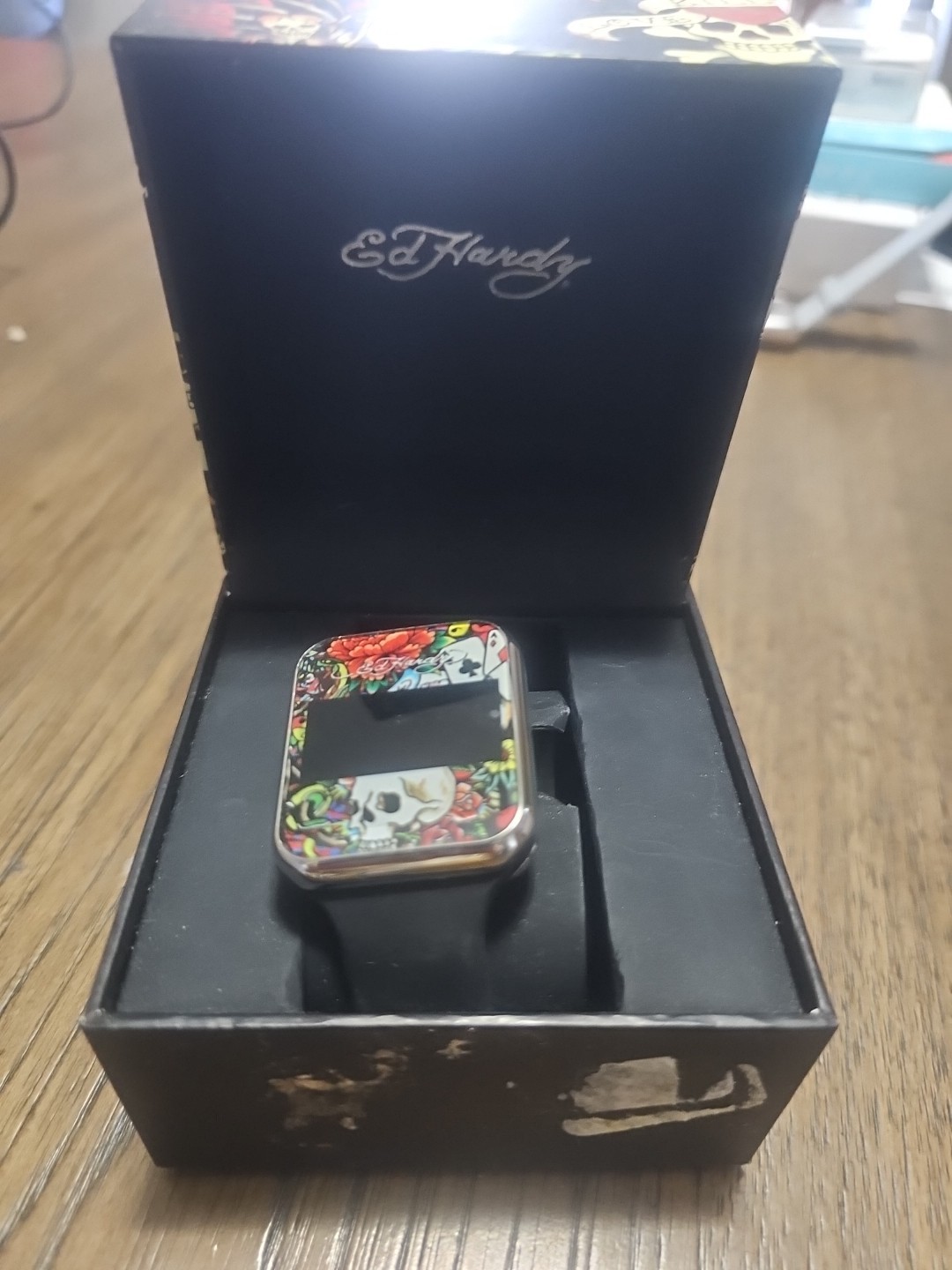 Ed Hardy Men’s Wrist Watch Skull Roses Digital Matte Black Silicone Strap-New
