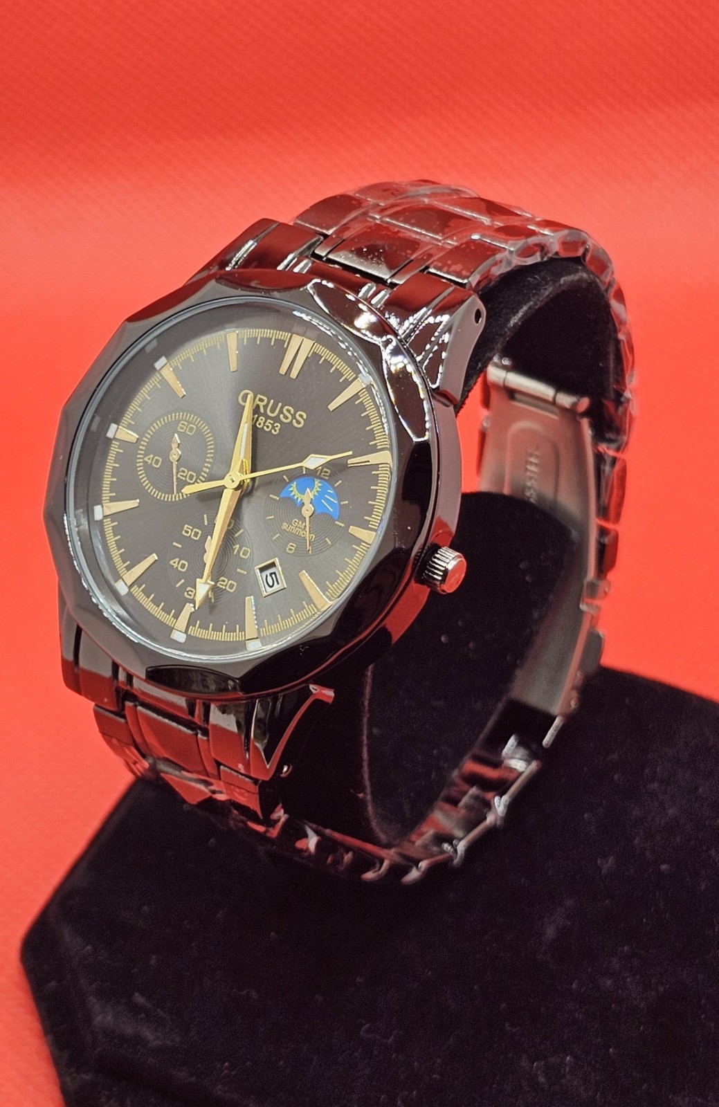 ORUSS 1853 Men’s Black Chronograph Style Watch 42mm Date Display Bracelet