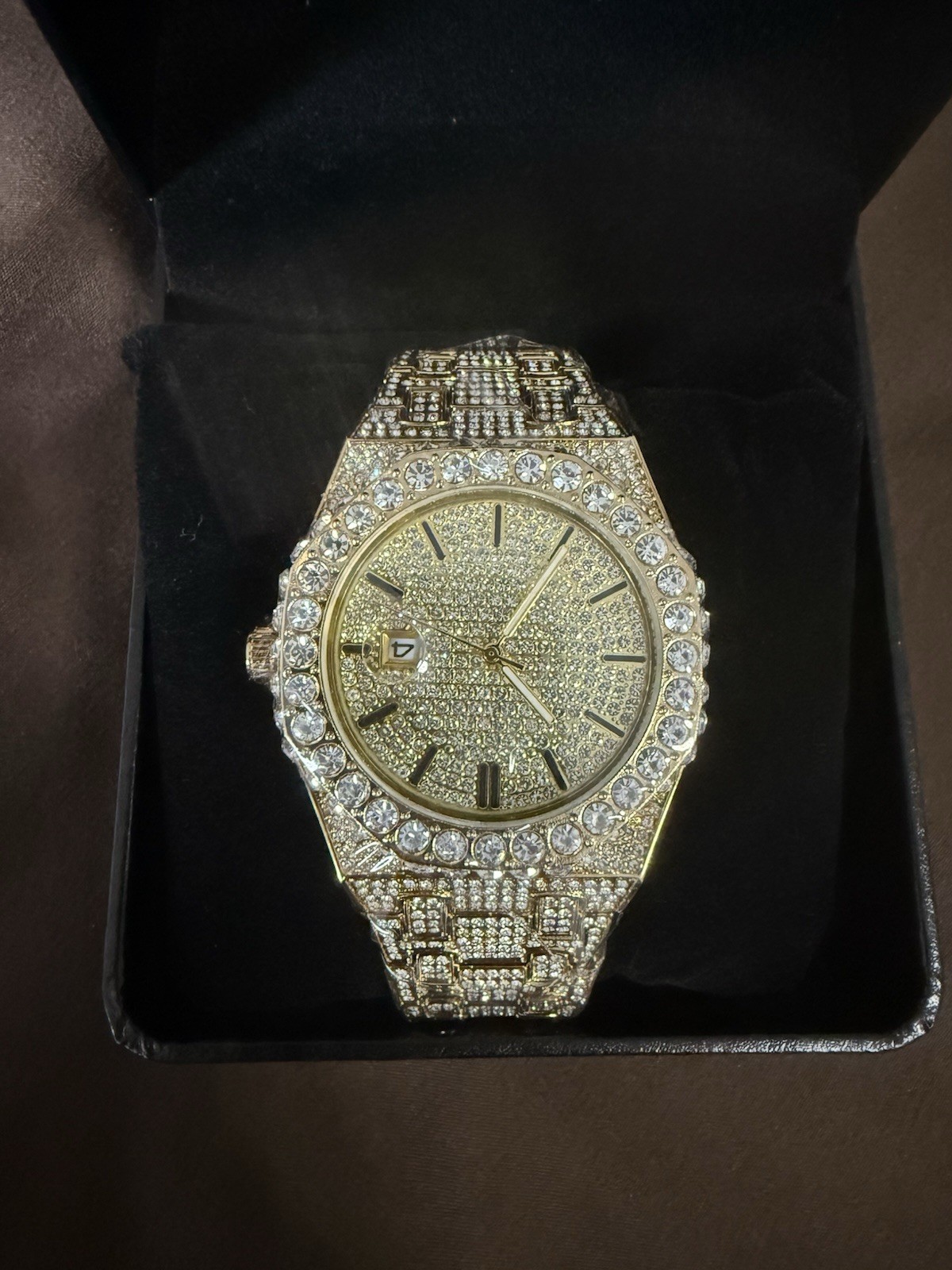 Gold Tone Iced-Out Analog Wristwatch Date Indicator Gem-Set Bezel Bracelet