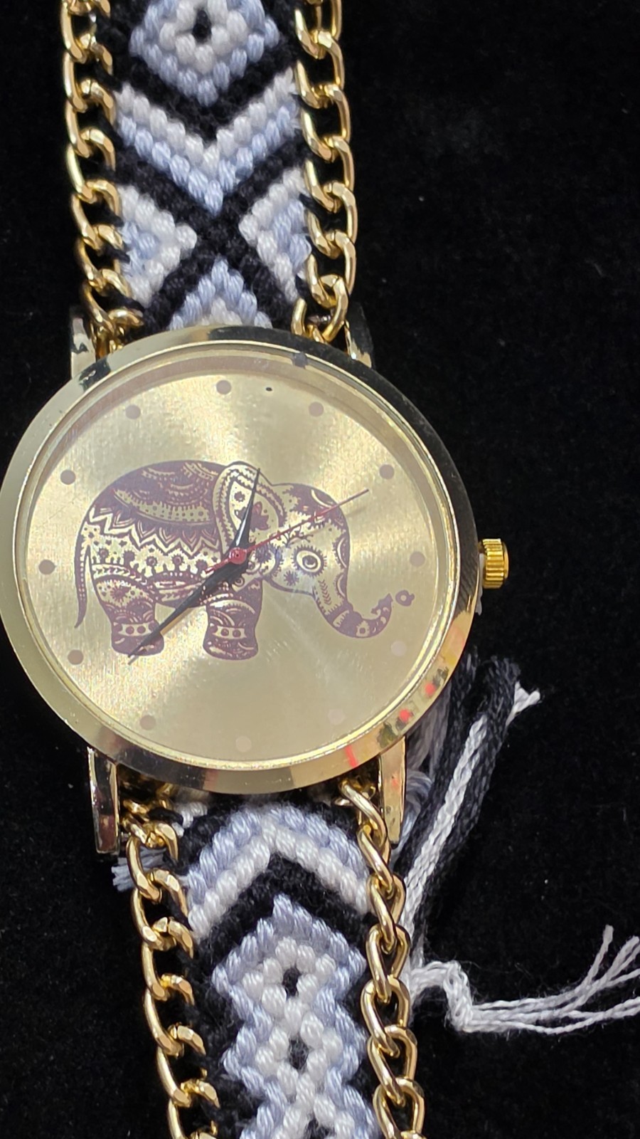 Women’s Elephant Dial Wrap Wristwatch Gold Tone Case Black/White Fabric Strap