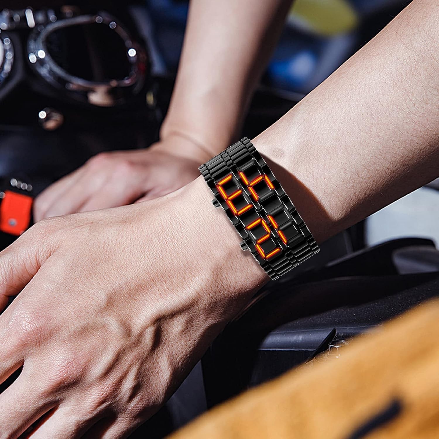 Men’s Stainless Steel Red Digital Watch Black Band Blue LED Display