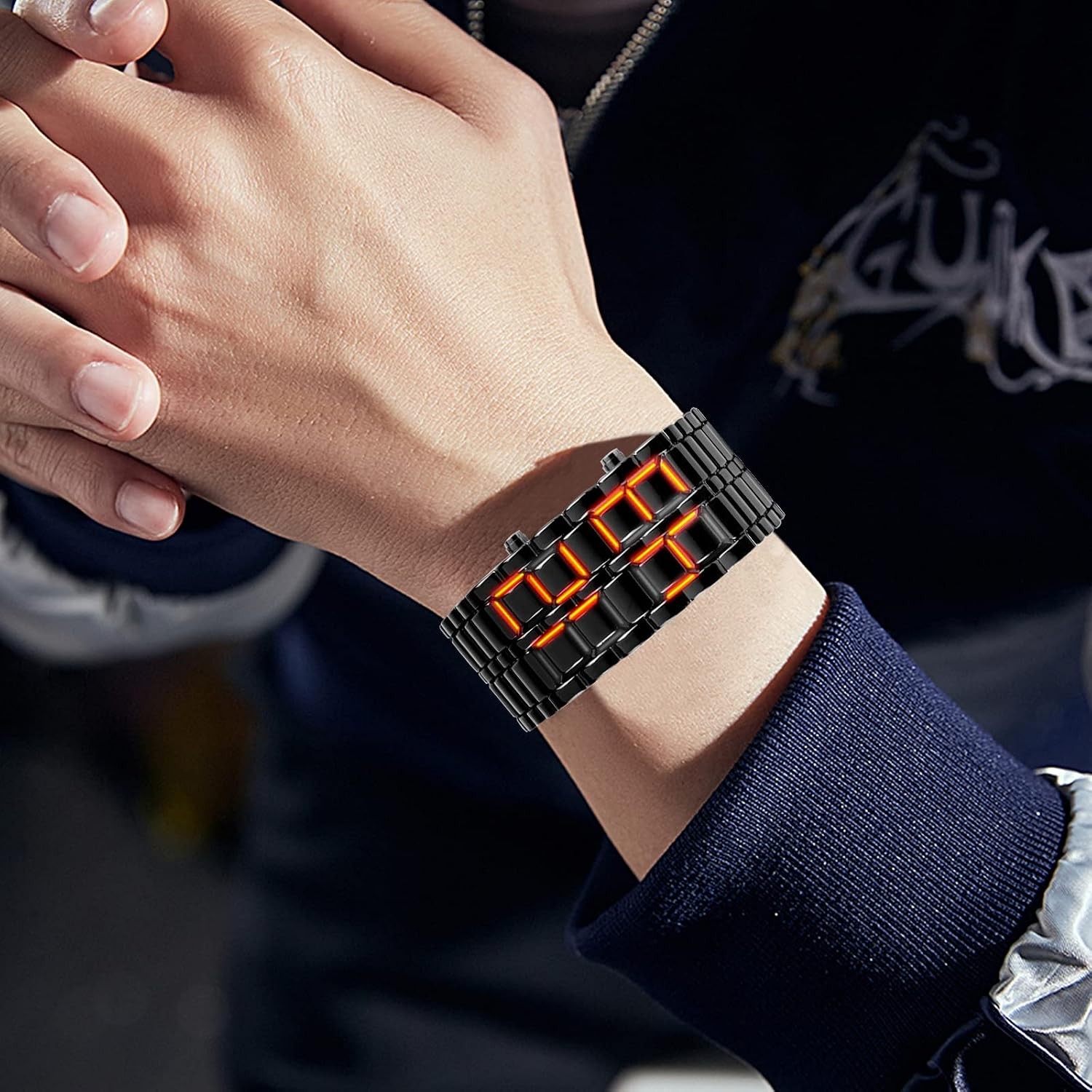 Men’s Stainless Steel Red Digital Watch Black Band Blue LED Display