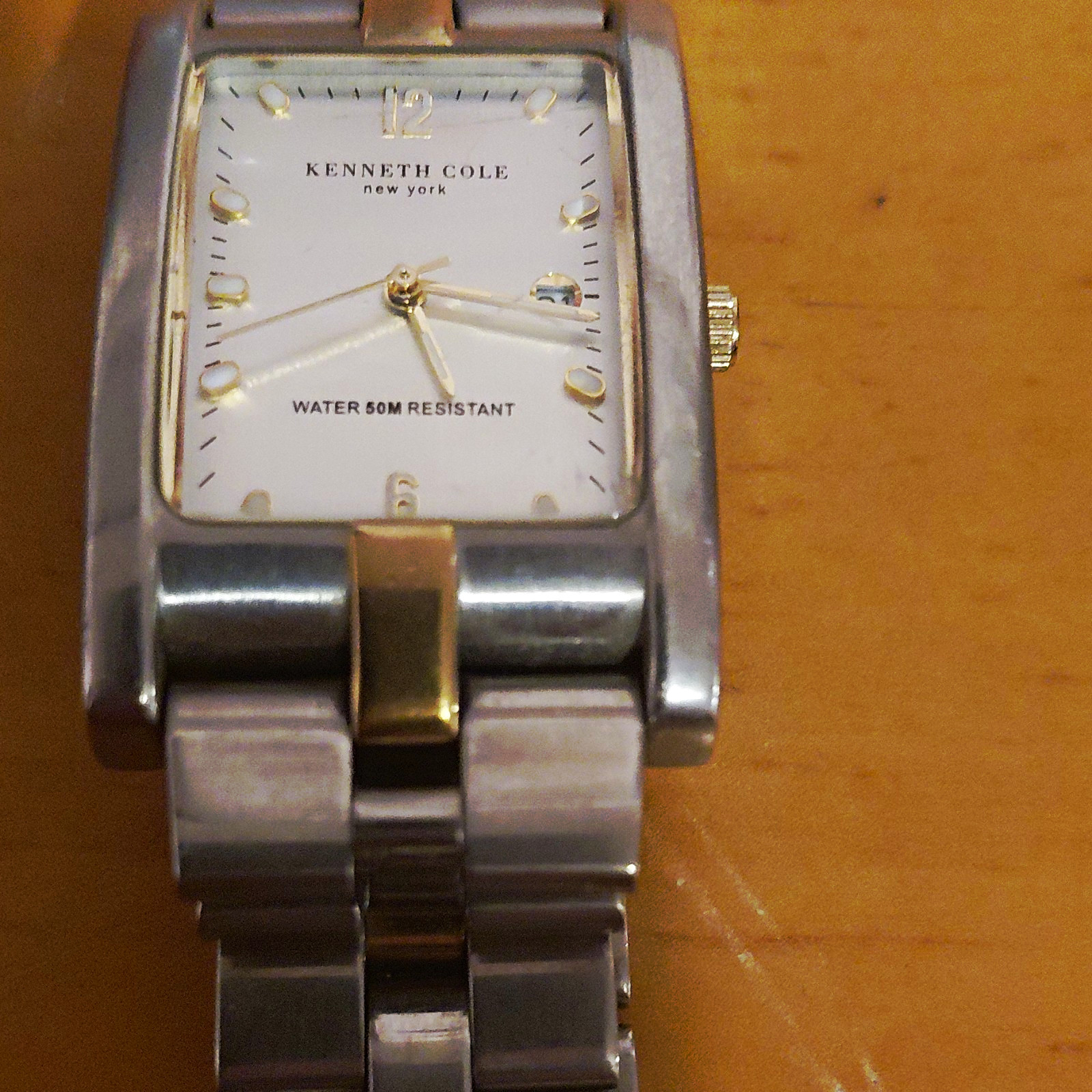 Kenneth Cole New York Quartz Rectangle White Dial Two-Tone Date 50m Watch