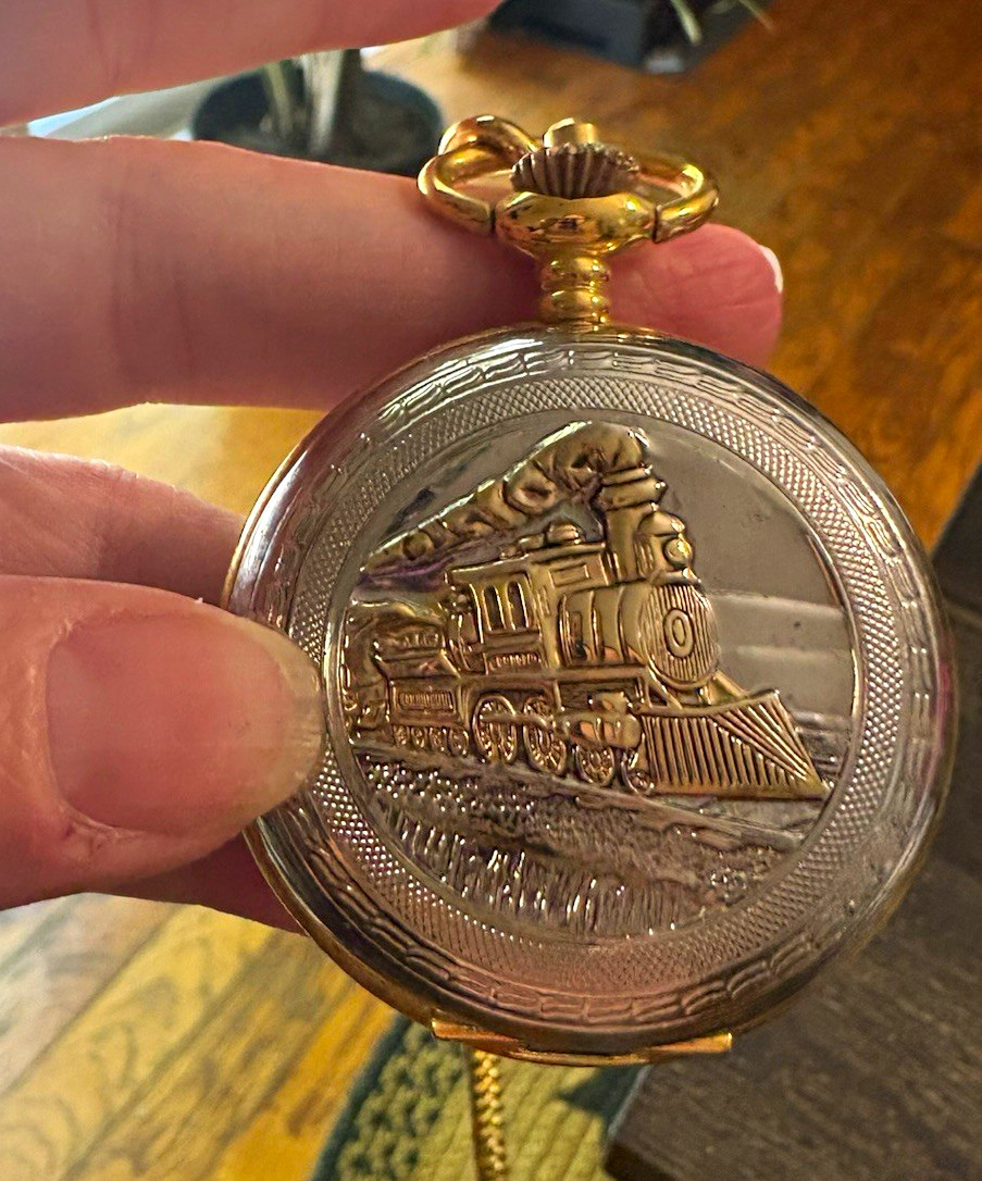 Full Hunter Mechanical Pocket Watch w/ Chain, Train Theme, White Dial