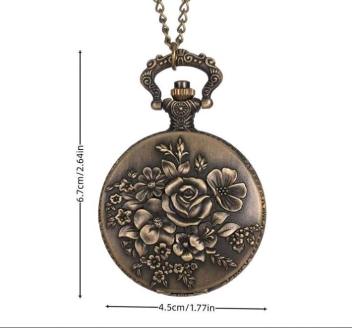 Used Bronze Floral Pocket Watch Necklace Retro Quartz Pendant 48cm Chain