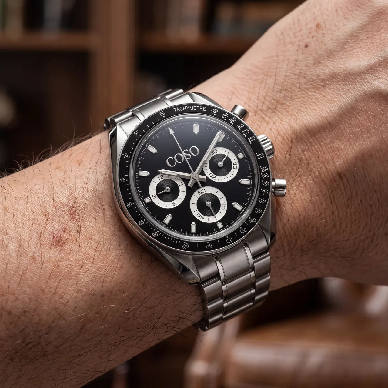 COSO Torvex Chronograph Watch Black Dial White Sub-dials Silver Steel Bracelet