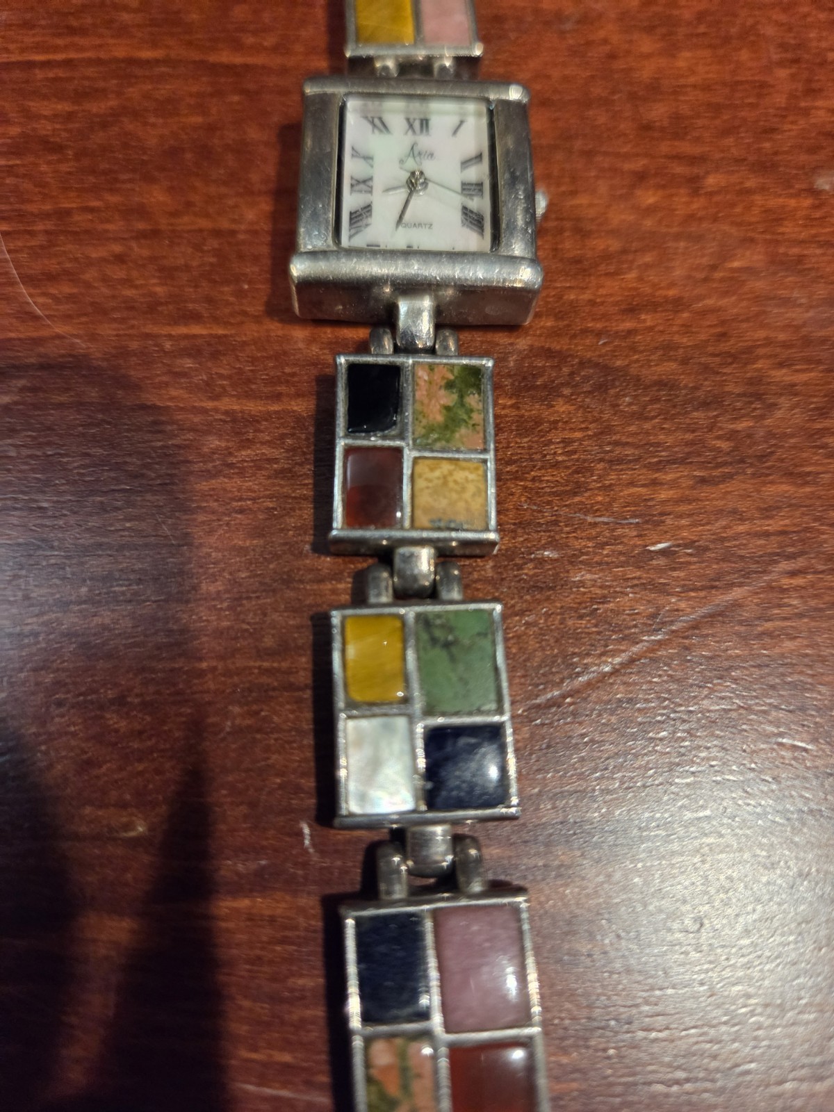Vintage Aria Sterling Silver Multi Stone Inlay Mosaic Watch MOP Dial .925 1990’s