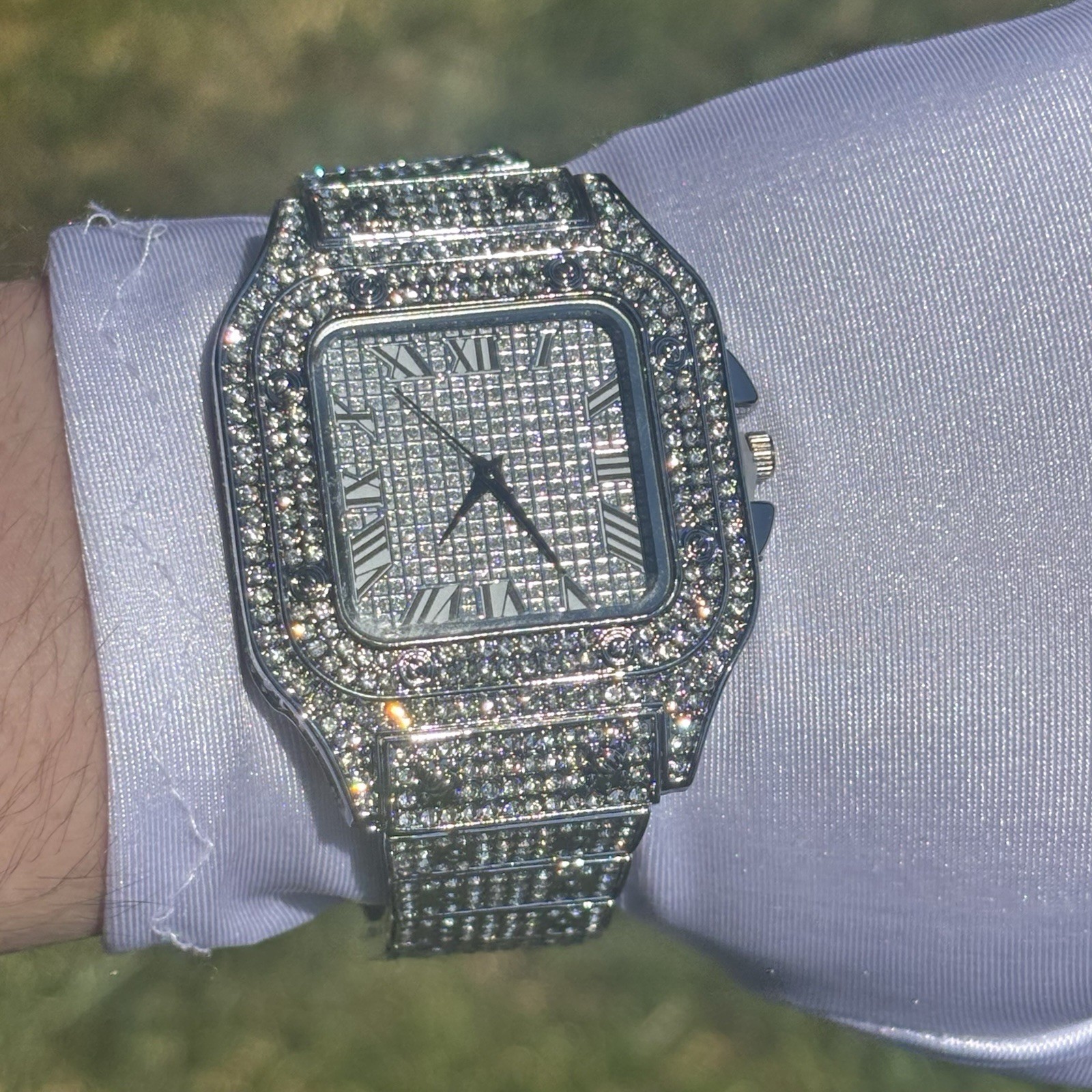 VVS Roman Numerals Square Dial Iced Out Diamond Watch Hip Hop Watch Silver Color