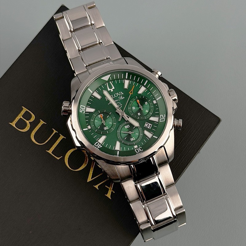 Bulova Marine Star 96B396 Chronograph Men’s Quartz Watch Green Dial 43mm