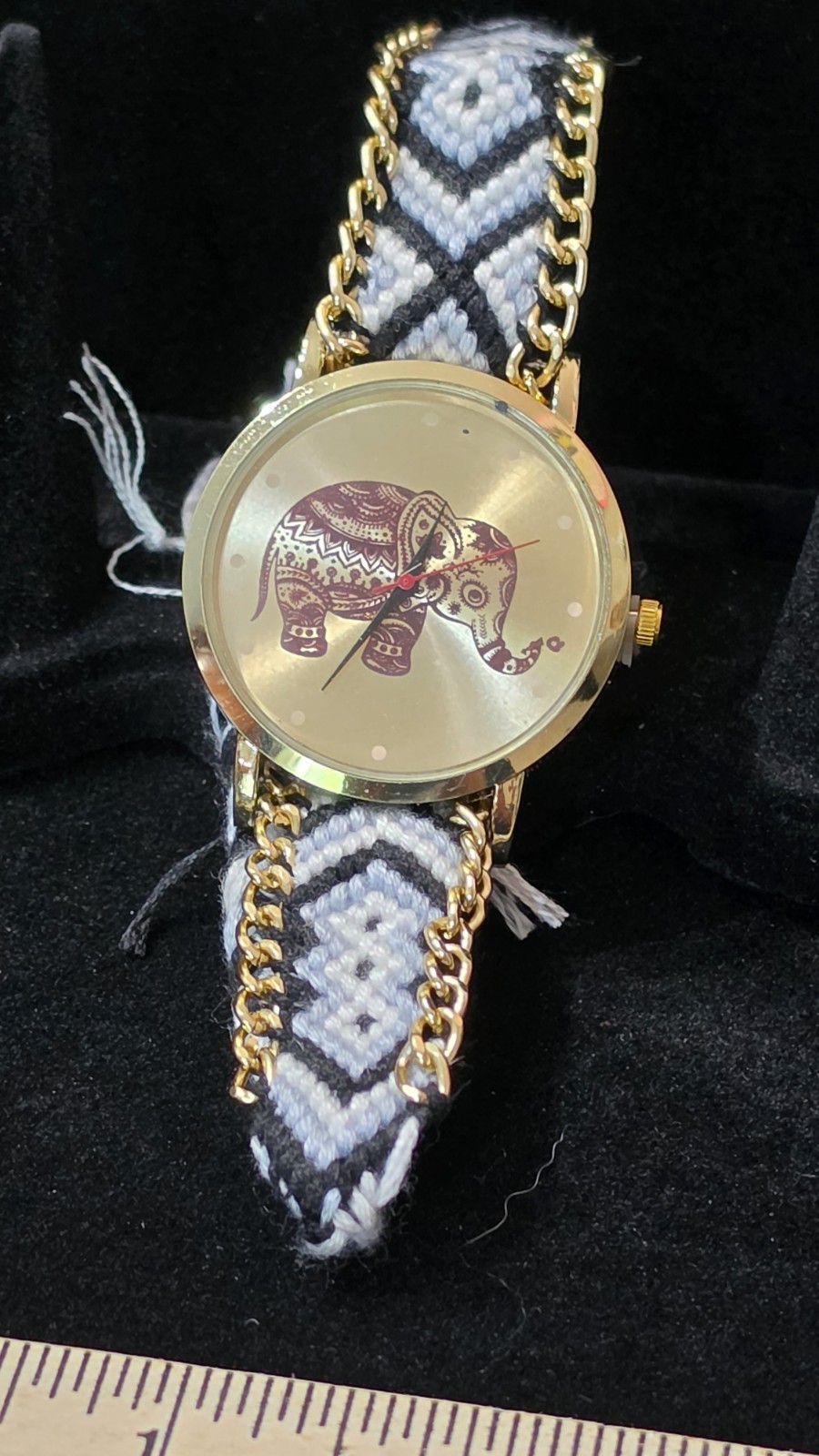 Women’s Elephant Dial Wrap Wristwatch Gold Tone Case Black/White Fabric Strap