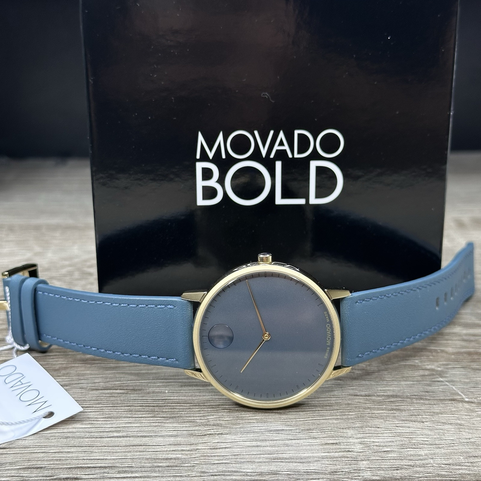 NEW✅SWISS✅ Movado FACE Gray Dial Teal Blue Leather 41mm Gold Men’s Watch 3640124