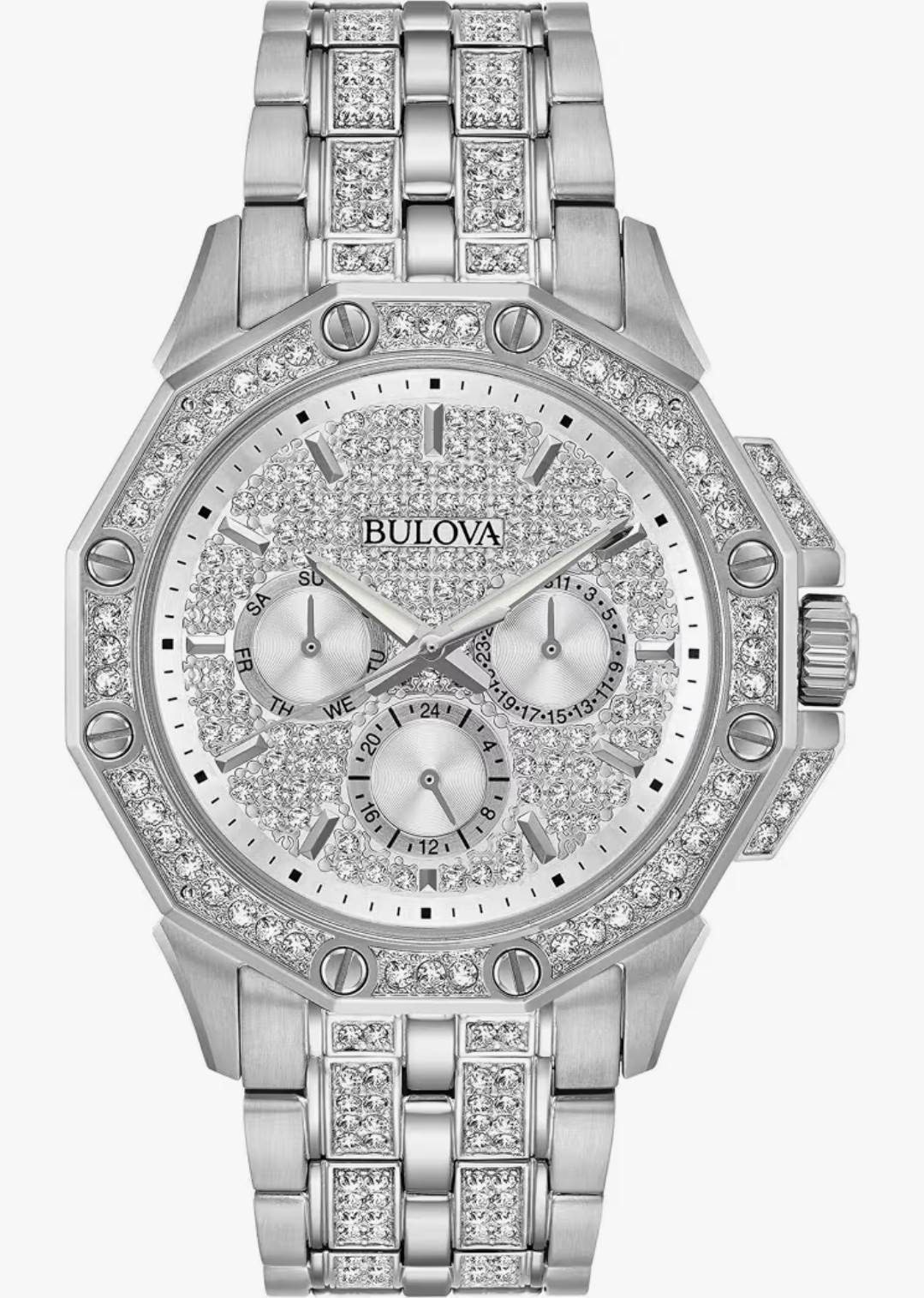 Bulova Crystal 43mm Quartz Silver Crystal Dial Steel Bracelet Water Resistant
