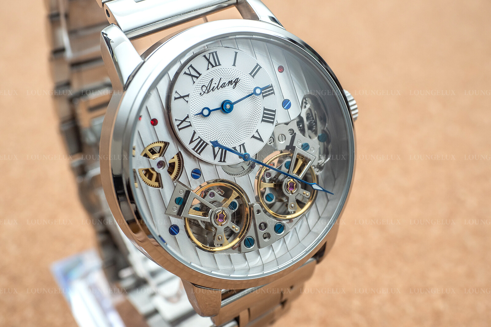 Mens Double Flywheel Automatic Mechanical Watch Silver White Stainless Steel