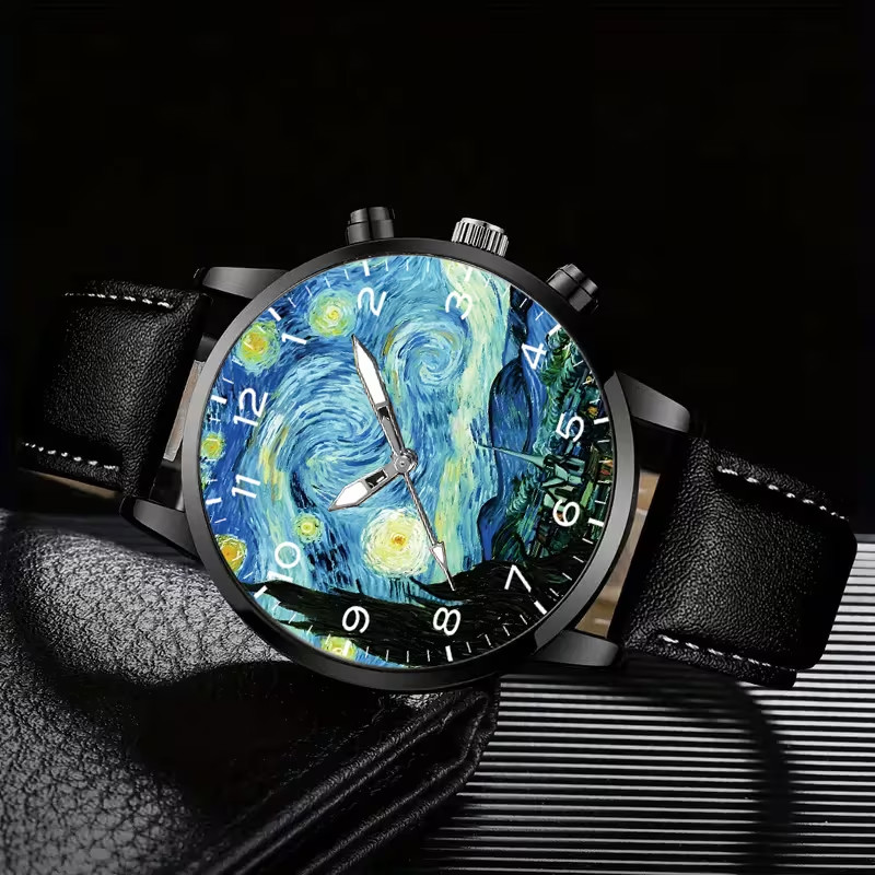 Men Van Gogh Starry Sky Watch Round Alloy Case Faux Leather Strap Analog