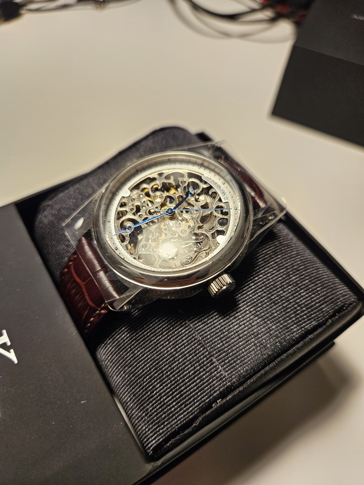 Adee Kaye Skeleton Automatic Silver Case Brown Leather Strap Box