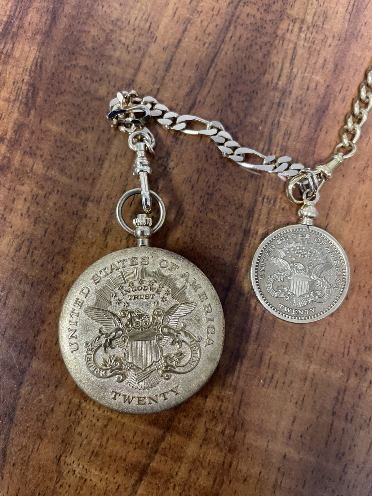United States of America Pocket Watch Twenty Dollar Gold Tone Coin and Chain