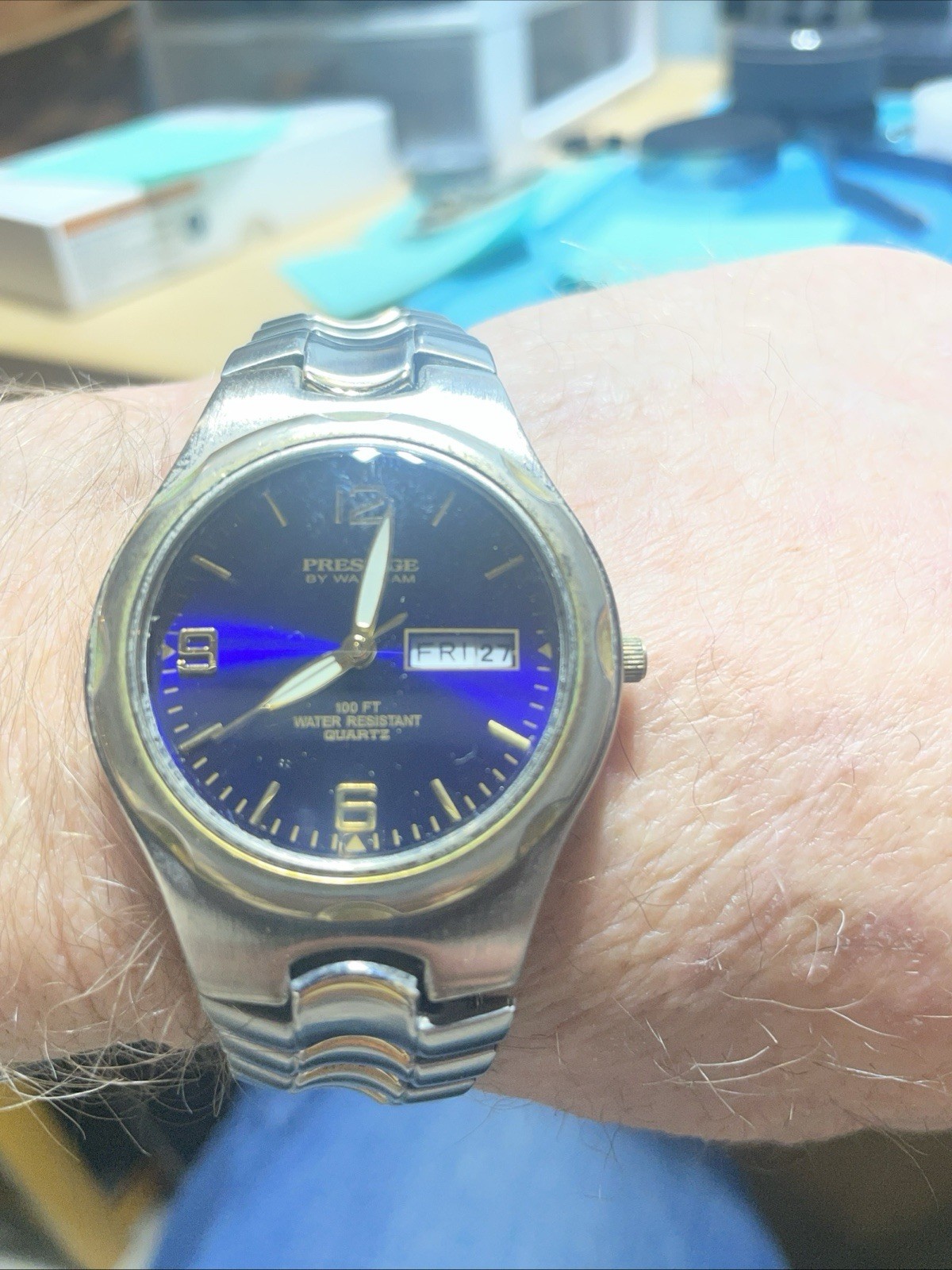 Prestige by Waltham Quartz Watch Blue Dial Speidel Stretch Band New Battery