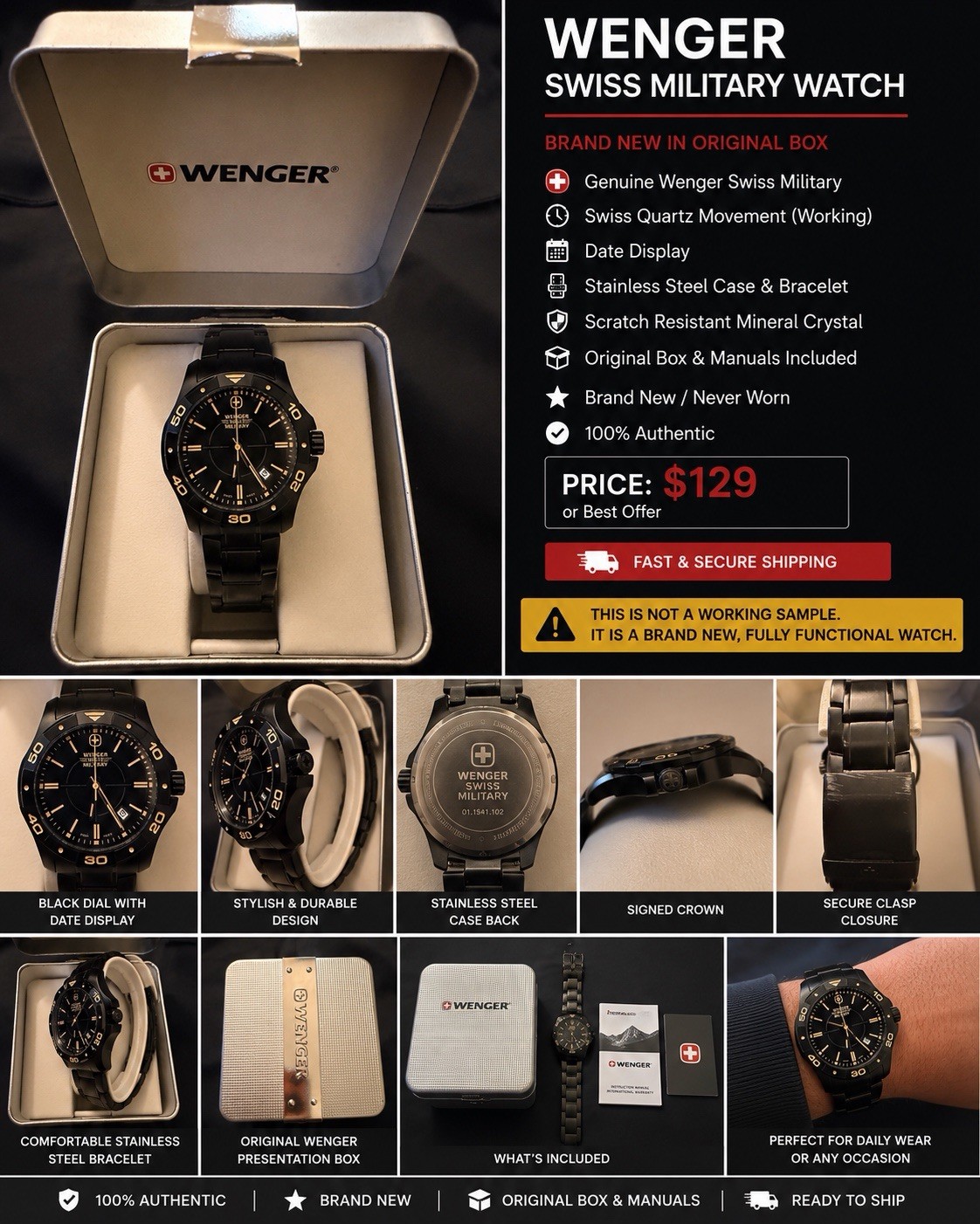 Wenger Swiss Military Quartz Date Black Dial Black Stainless Steel Bracelet