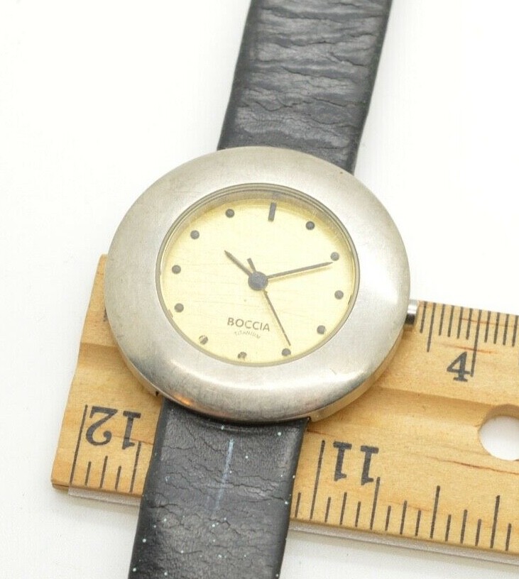 Boccia Round Grey Titanium Ladies Watch on Black Leather Strap with Gold Dial