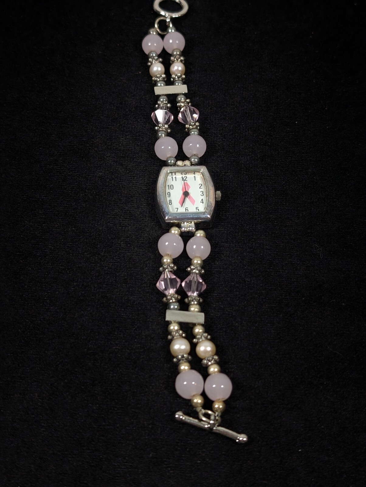Pink Ribbon Awareness Glass Bead Toggle Bracelet Watch 6.5 inches