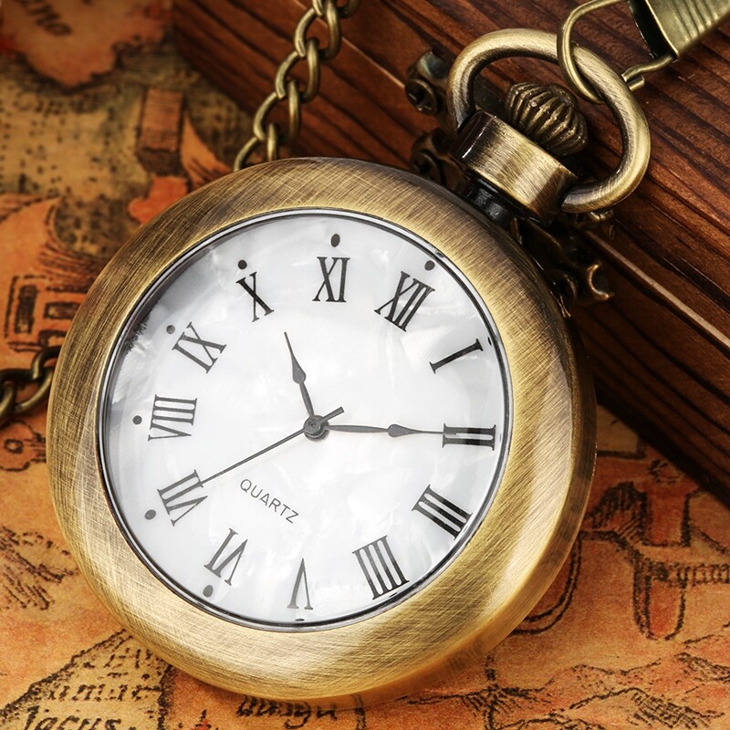 Bronze Smooth Open Face Roman Numerals Pocket Watch Alloy Case with Hook Chain