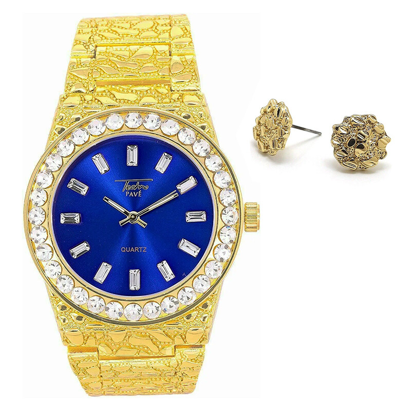 ICED LUXURY GOLD PLATED NUGGET METAL BAND BLUE DIAL WATCH & STUD EARRING GIFT
