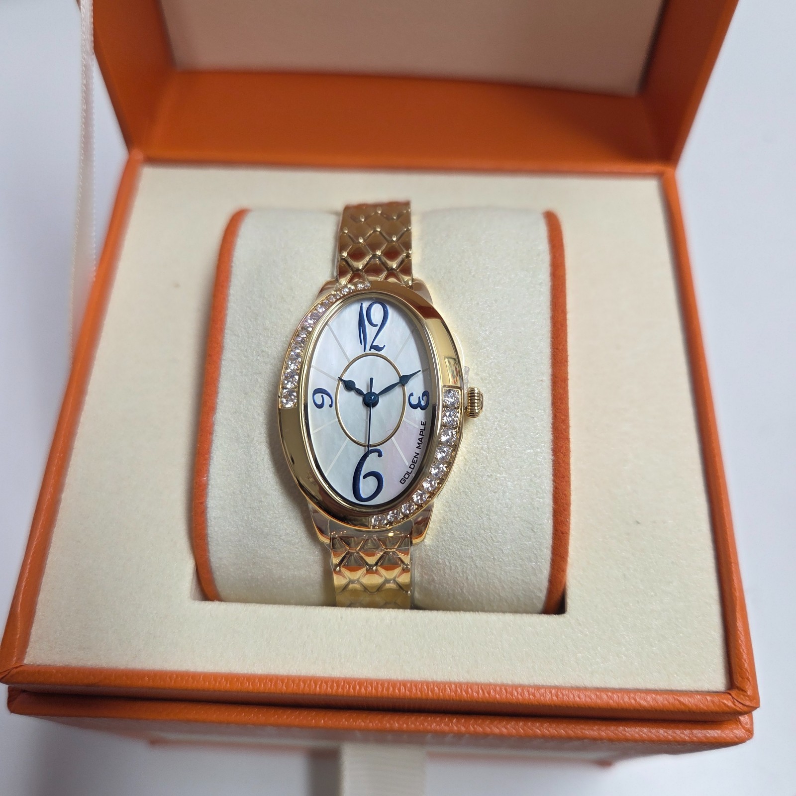GOLDEN MAPLE Oval Gold Tone Watch Mother of Pearl Dial Crystal Bracelet 28mm