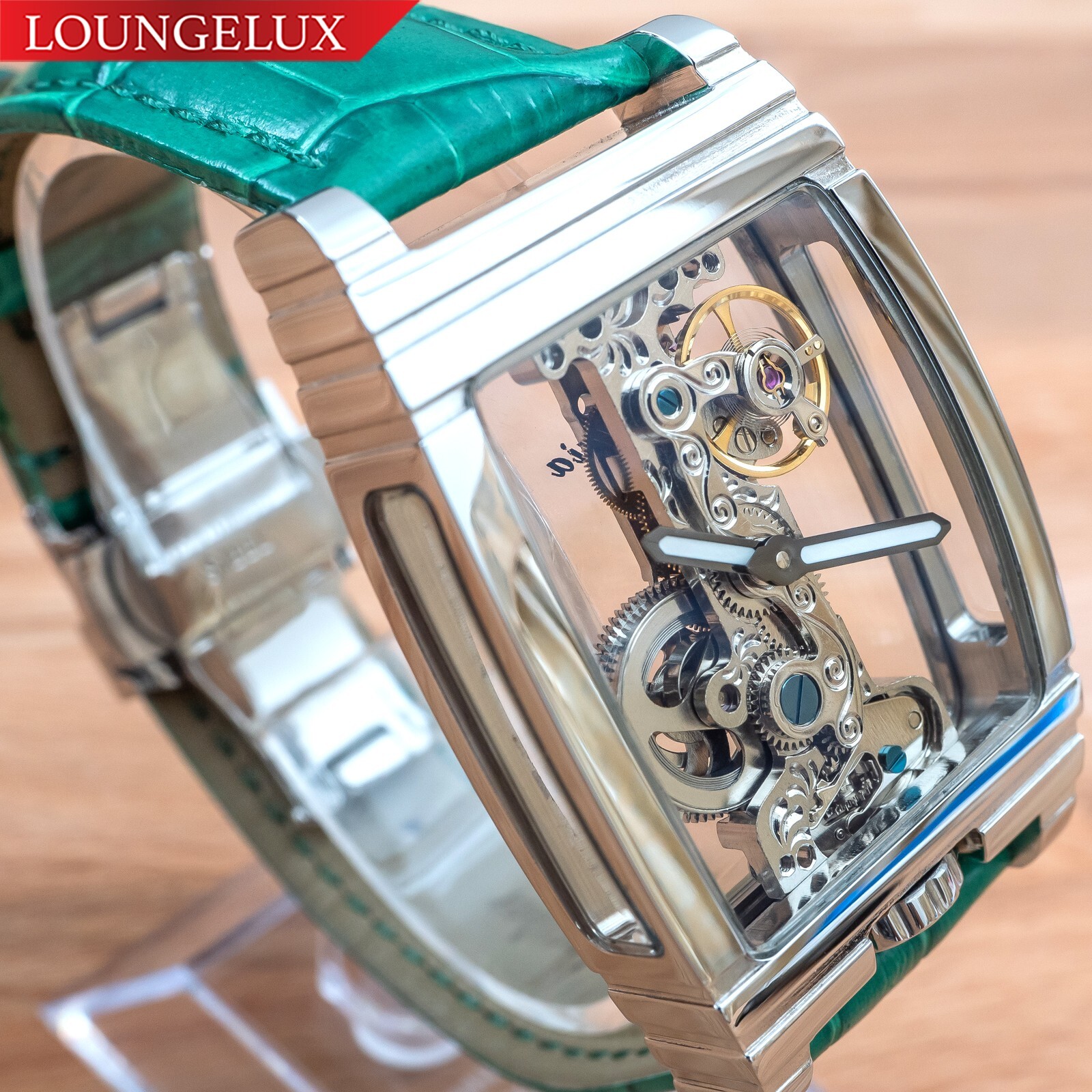 Mens Silver Bridge Manual Mechanical Watch – Green Leather Strap Gift