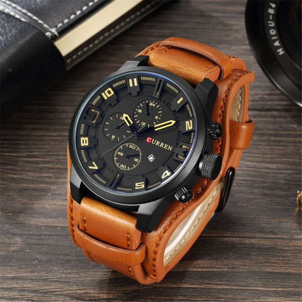 CURREN Men Quartz Watch Large Dial Fashion Leather Male Military Wristwatch Gift