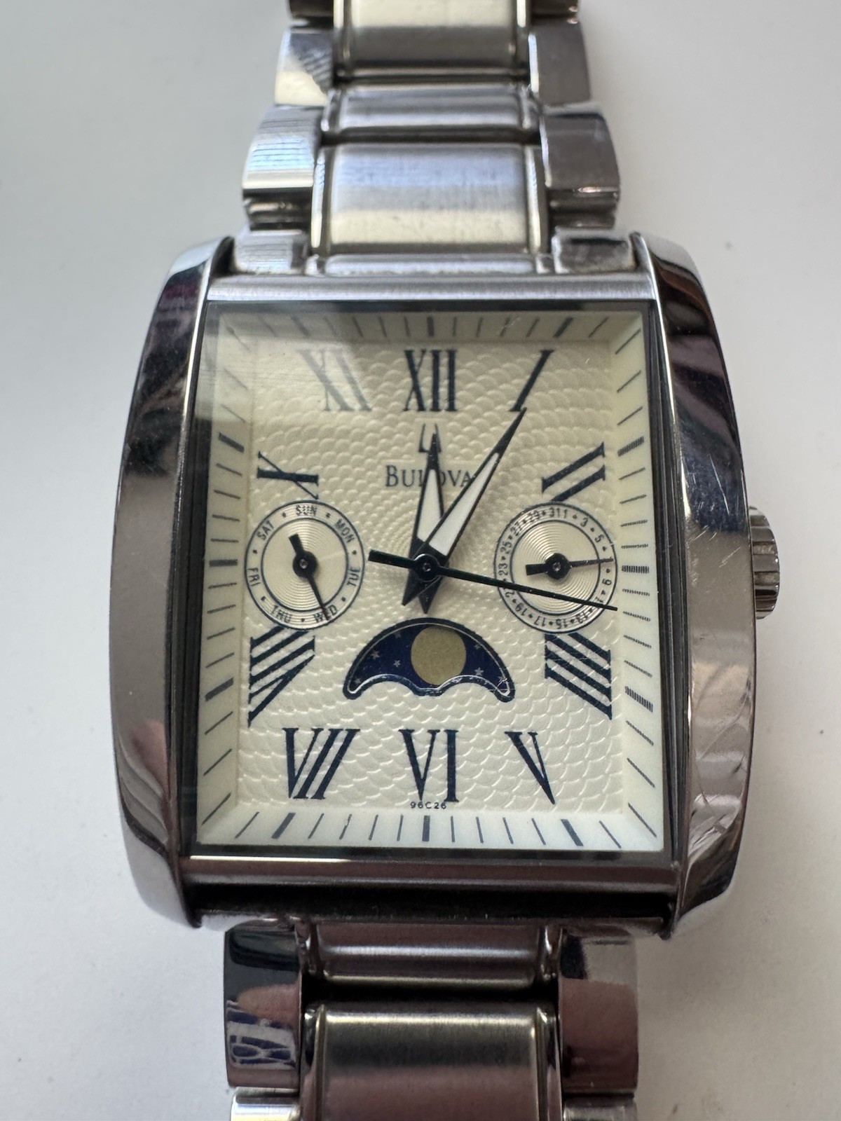 Bulova 96C26 Moon Phase New Battery Mens Watch 34MM 7″ Stainless Steel