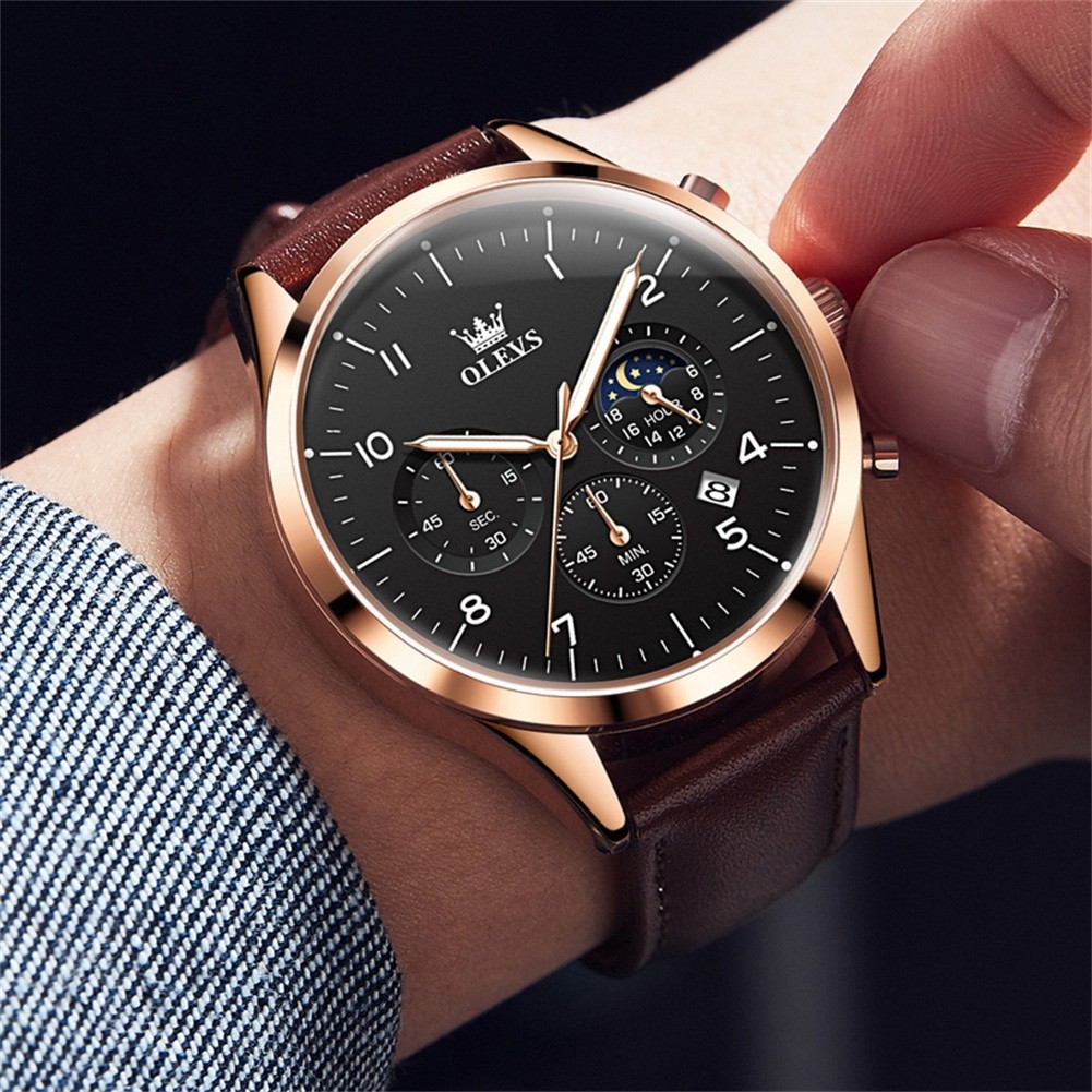 OLEVS 2882 Luminous Multifunctional Male Genuine Leather Classic Quartz Watch