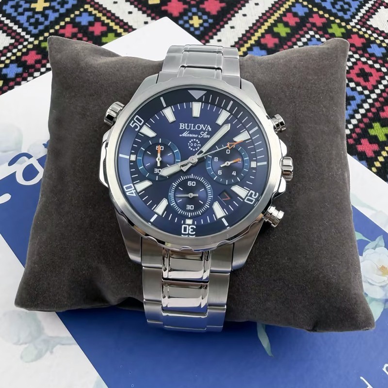 Bulova Classic Marine Star Men’s 96B256 Blue Dial Silver Steel Quartz Watch 43mm