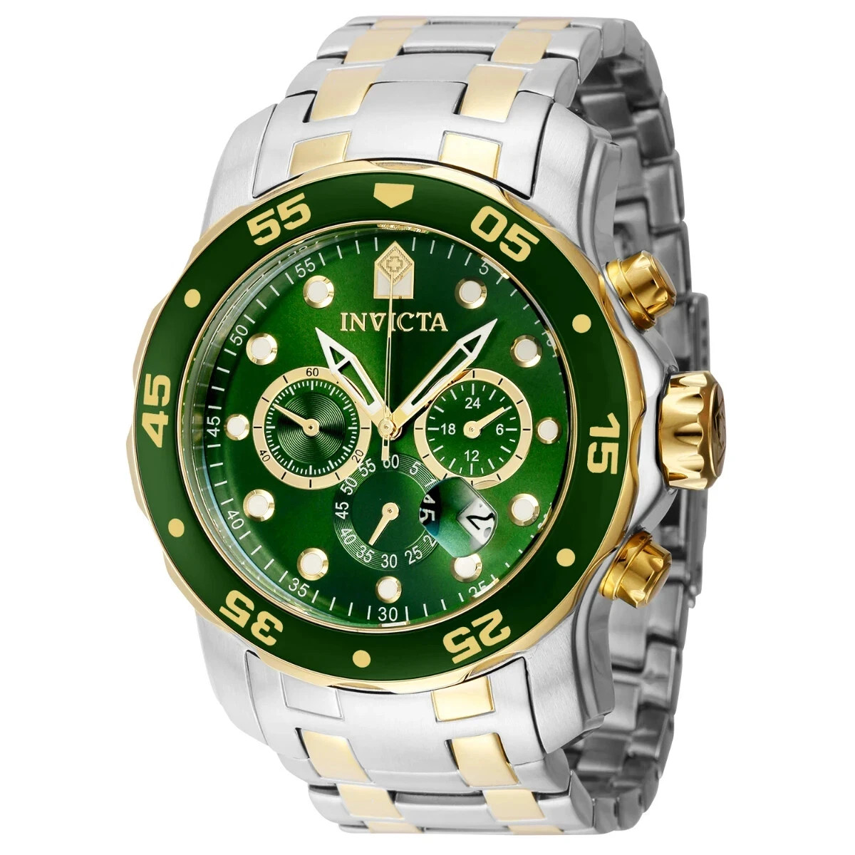 Rare Invicta Men 48mm SCUBA Pro Diver Green Dial Chrono 2 Tone SS Band Watch!