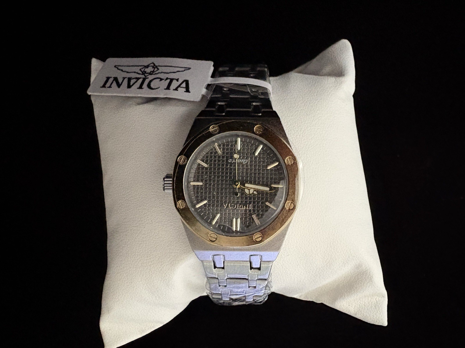Invicta Quartz Ladies Dress Watch Black Tapisserie Dial Gold Bezel SS Bracelet