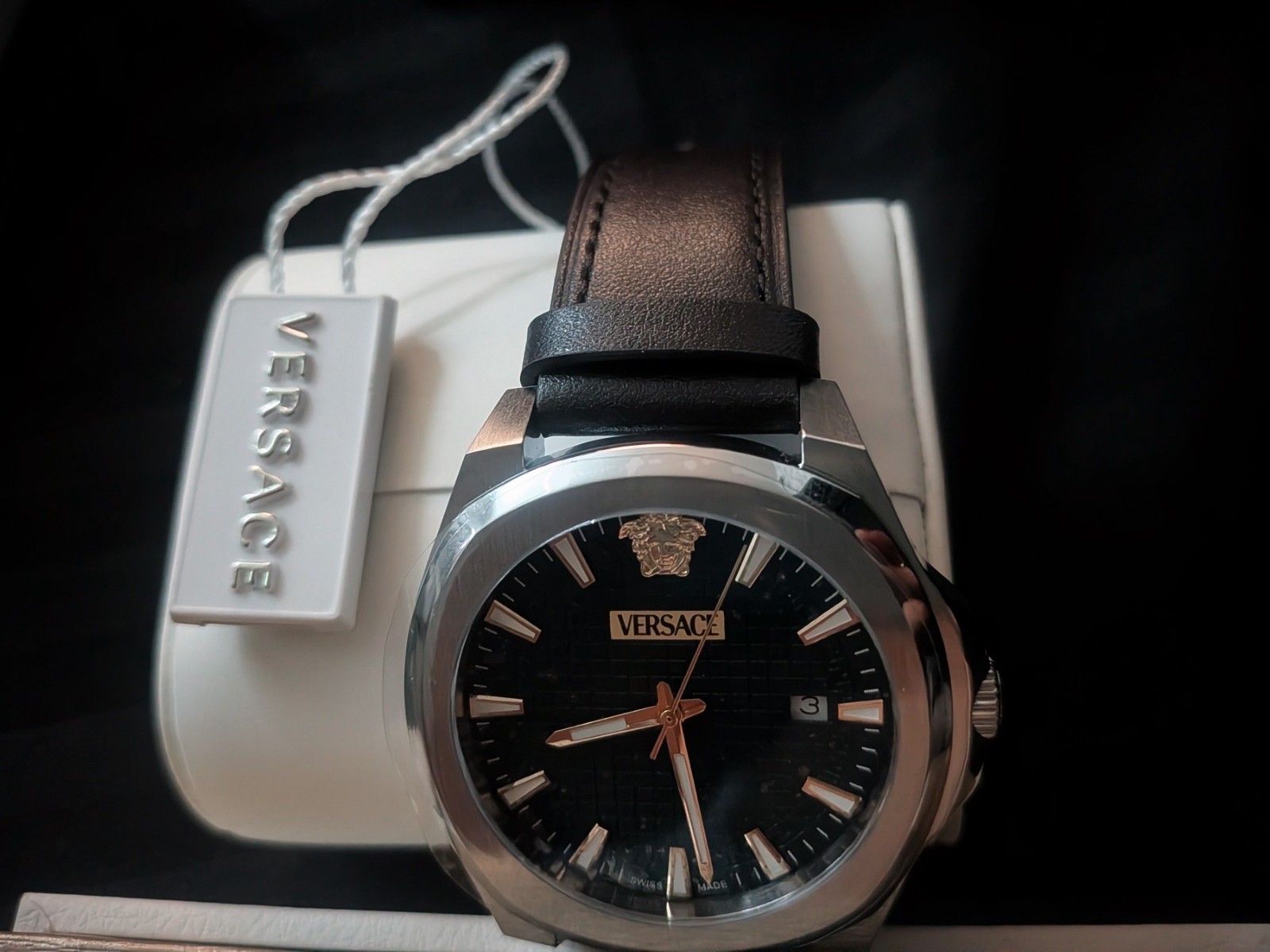 Versace Luxury Leather Men’s Watch, Swiss Made Designer Watch with Green