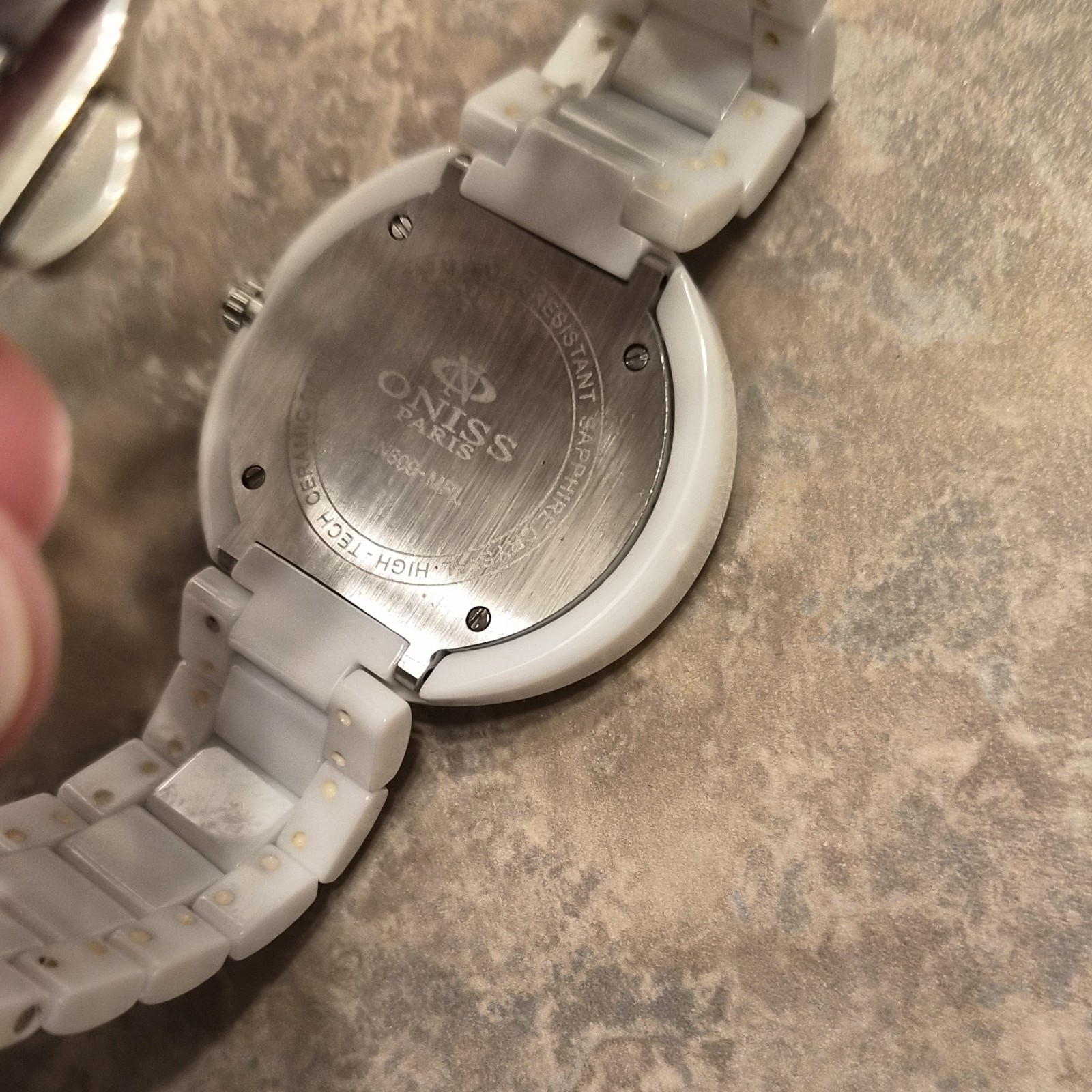 Oniss Quartz Mother-of-Pearl Dial Day/Date White Ceramic Bracelet Watch