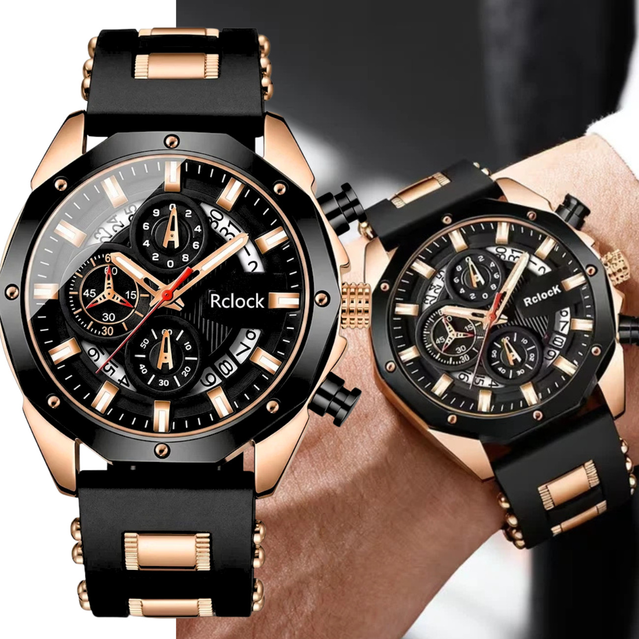 Men’s Luxury Analog Quartz Watch Chronograph & Date Display Black Rose Gold NW
