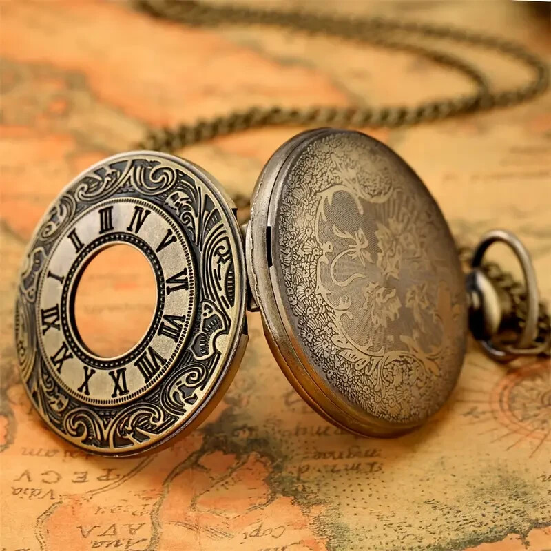 Retro Bronze Hollow Flip Roman Numerals Quartz Pocket Watch Fashionable Gift New