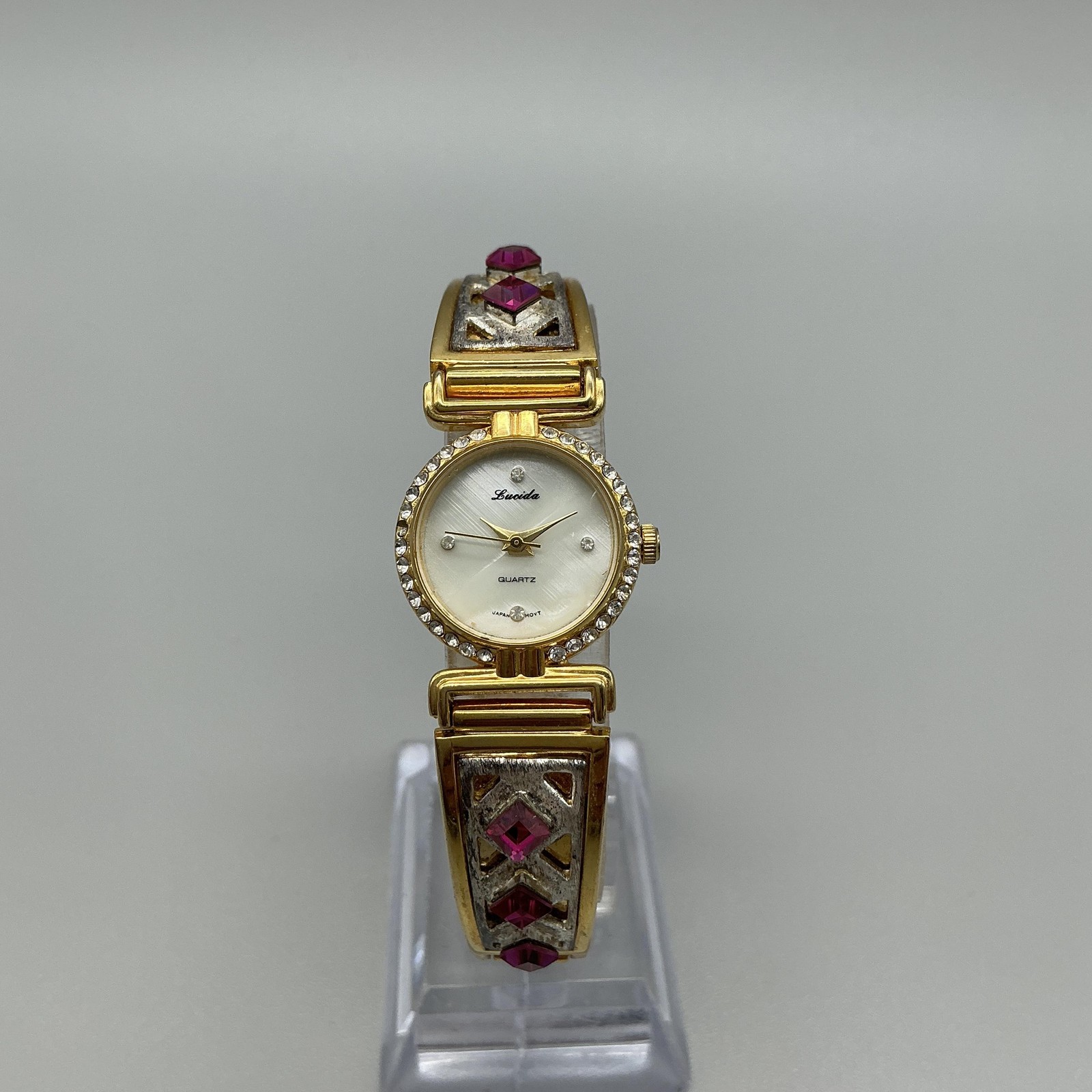 Vintage Lucida Womens Watch 21mm MOP Gold Bangle Pink Crystals New Battery 6.75″