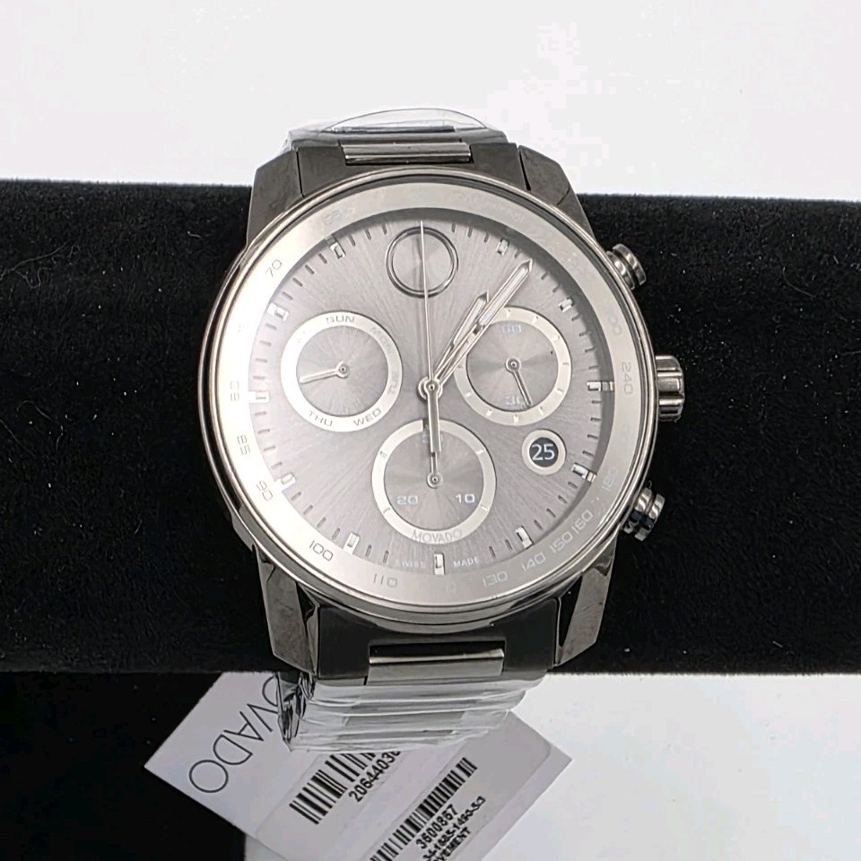 Movado Men’s Bold Verso Chronograph Date Silver Dial SS Bracelet Watch 43mm